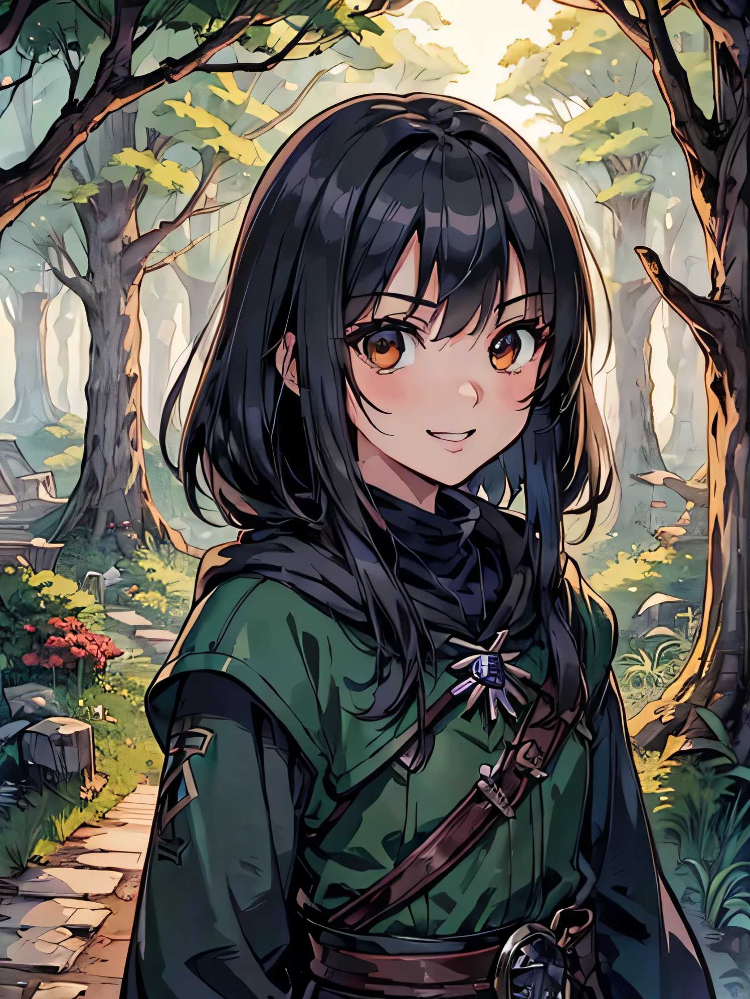8K、best quality face、best quality eye、High-definition official artwork、anime style、high quality anime、The Witcher、road in forest、black hair、gray eyes、anime characters, 10 year old girl、big brown eyes、flat chest、happy face、smiling mouth、slender、
