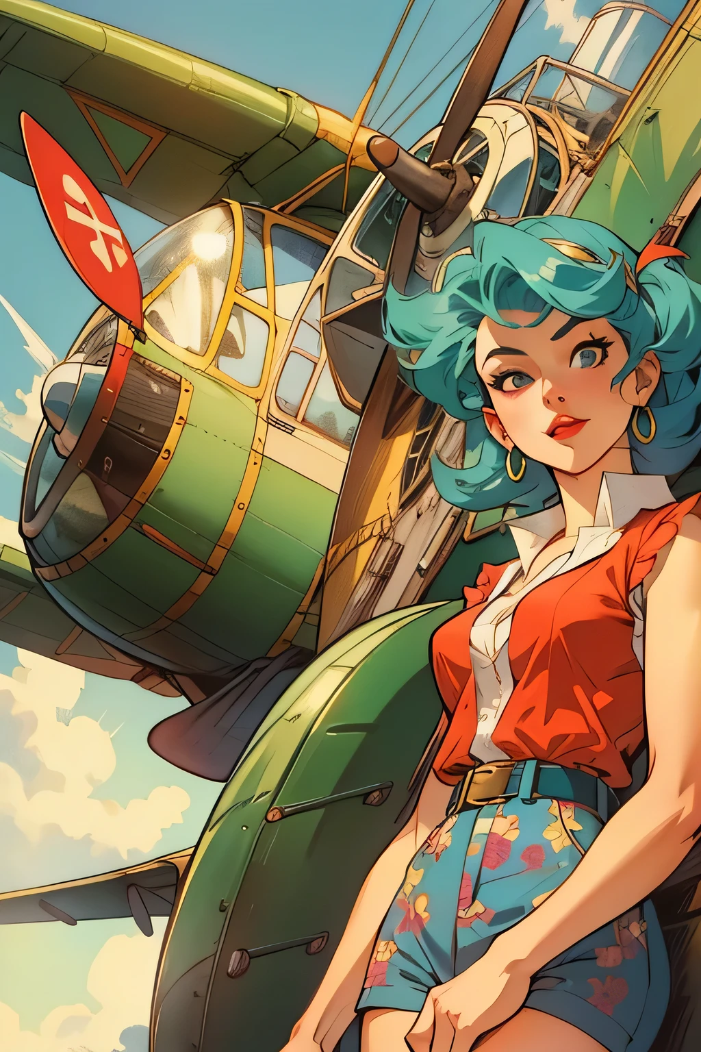In the alluring style of Gil Elvagen or Alberto Vargas, an enchanting image of Bulma from DBZ emerges before you. With a sultry glance, she seductively applies scarlet red lipstick in the mirror, reflecting the vibrant polka dots of her vintage blouse. Her high-waisted shorts, accentuated by a cinched belt, hug her slender hips, while her cropped top leaves her midriff exposed. Wavy blue hair cascades down to her shoulders, catching the sunlight and adding to her mysterious allure. In the background, a vintage prop plane soars through the sky, completing this timeless pinup illustration.