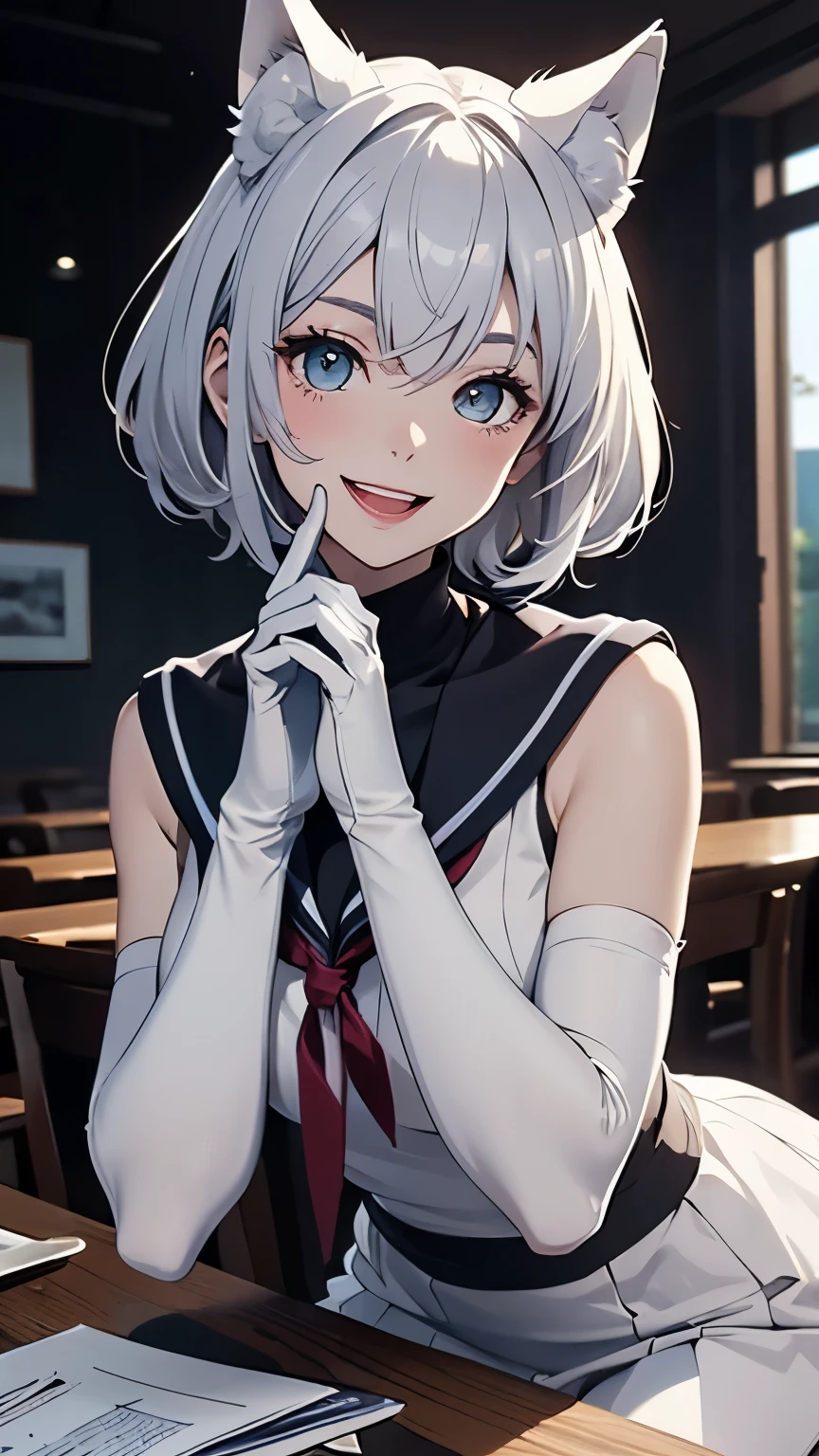 table top High level image quality best image quality 8K adult woman portrait white long gloves(elbow gloves) white pantyhose sailor suit(Sleeveless mini skirt white wolf ears short hair((shortcut)(gray hair)(perm)(fluffy)) eye color is blue attractive face((laughter)(smile)(open your mouth)) beautiful feet