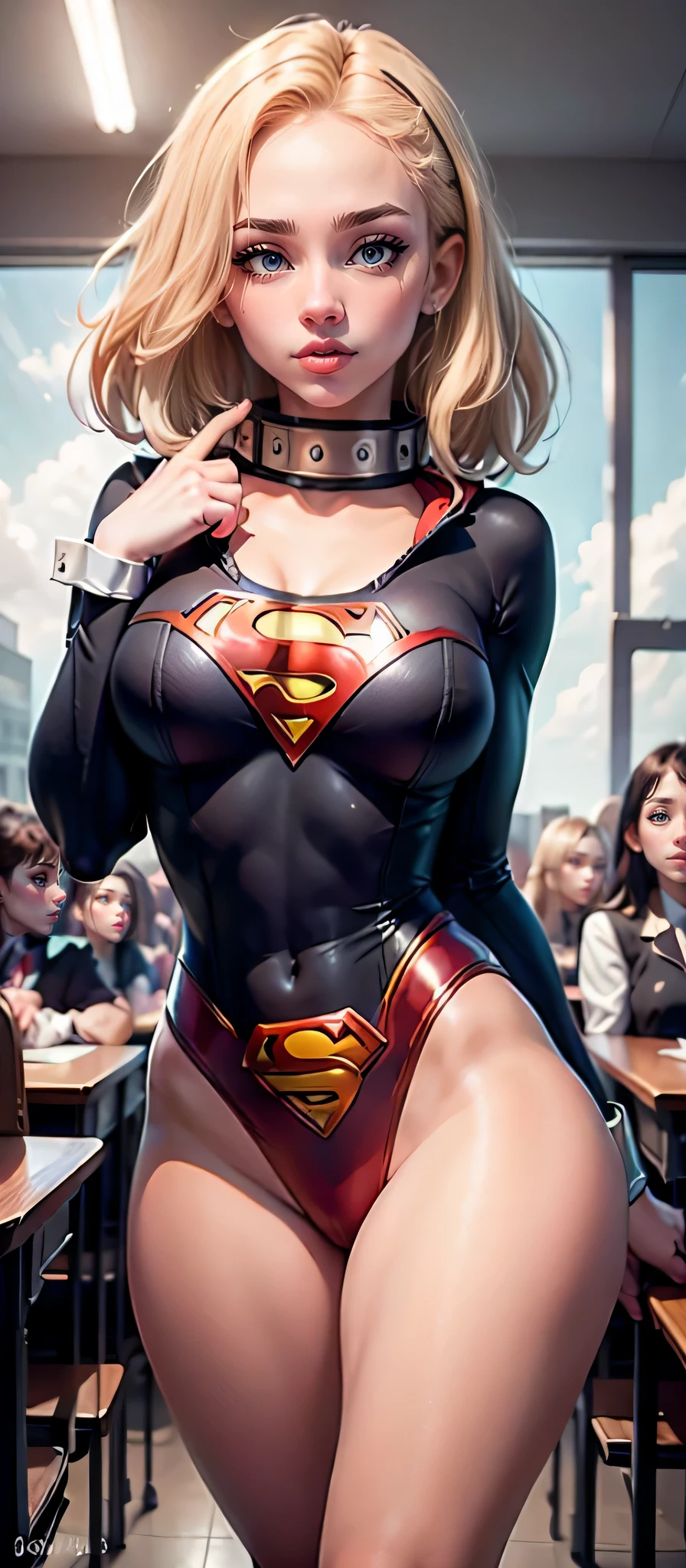 obra maestra、Supergirl de pelo corto sentada en el pupitre de la escuela con las piernas cruzadas、pechos grandes y llenoirando a la camara、Disfraz de esmalte brillante、Botas de esmalte rojo brillante