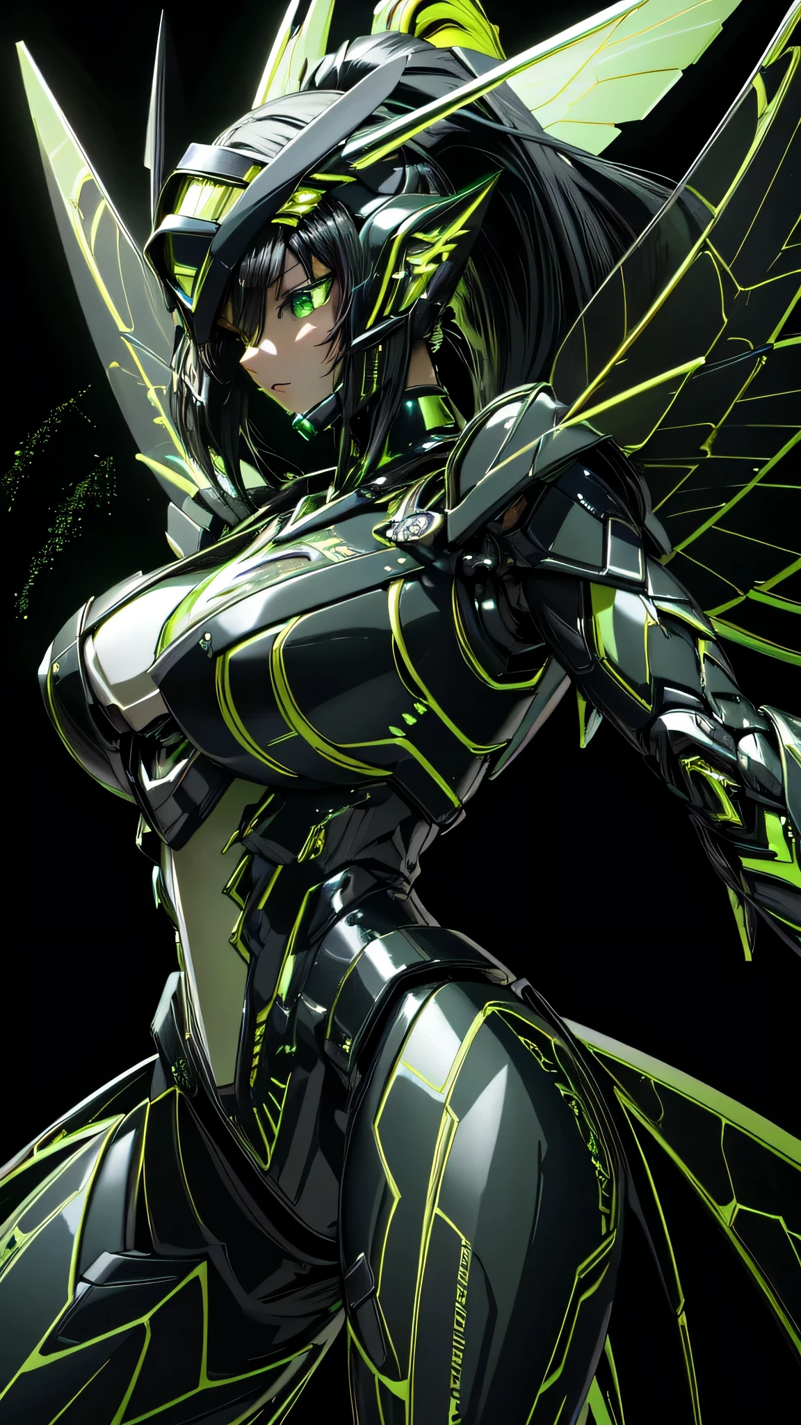 (masterpiece, best quality:1.3),extremely high detailed, intricate, 8k, HDR, wallpaper, cinematic lighting, (universe),(Mecha musume:1.3), glowing, black armor, glowing green eyes, mecha, black hair, ponytail, (large mechanical fairywings:1.2), (black and green theme:1.4), (fairy, girl:1.2), (large breasts:1.1), (white background:1.3), (pacific rim style helmet:1.1)