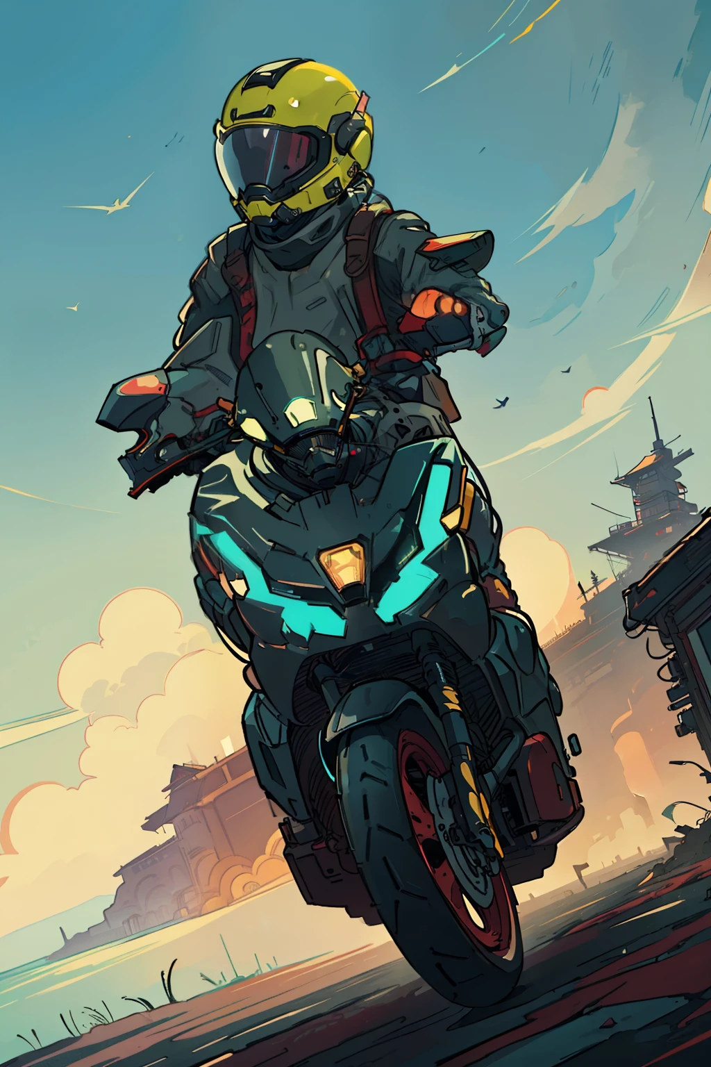 Man, the motorcycle，Card templates，crayfish，Works by Victor，kilian eng vibrant colours，Dynamic lighting，number art，Award-winning masterpieces，Incrediblely beautiful，illustration，The aesthetic is inspired by Beksiński and Dammenford，trending on artstationh，art of greg rutkowsk,motor warna kuning, lampu menyala putih,kaca helmet  hitam, 8kK。