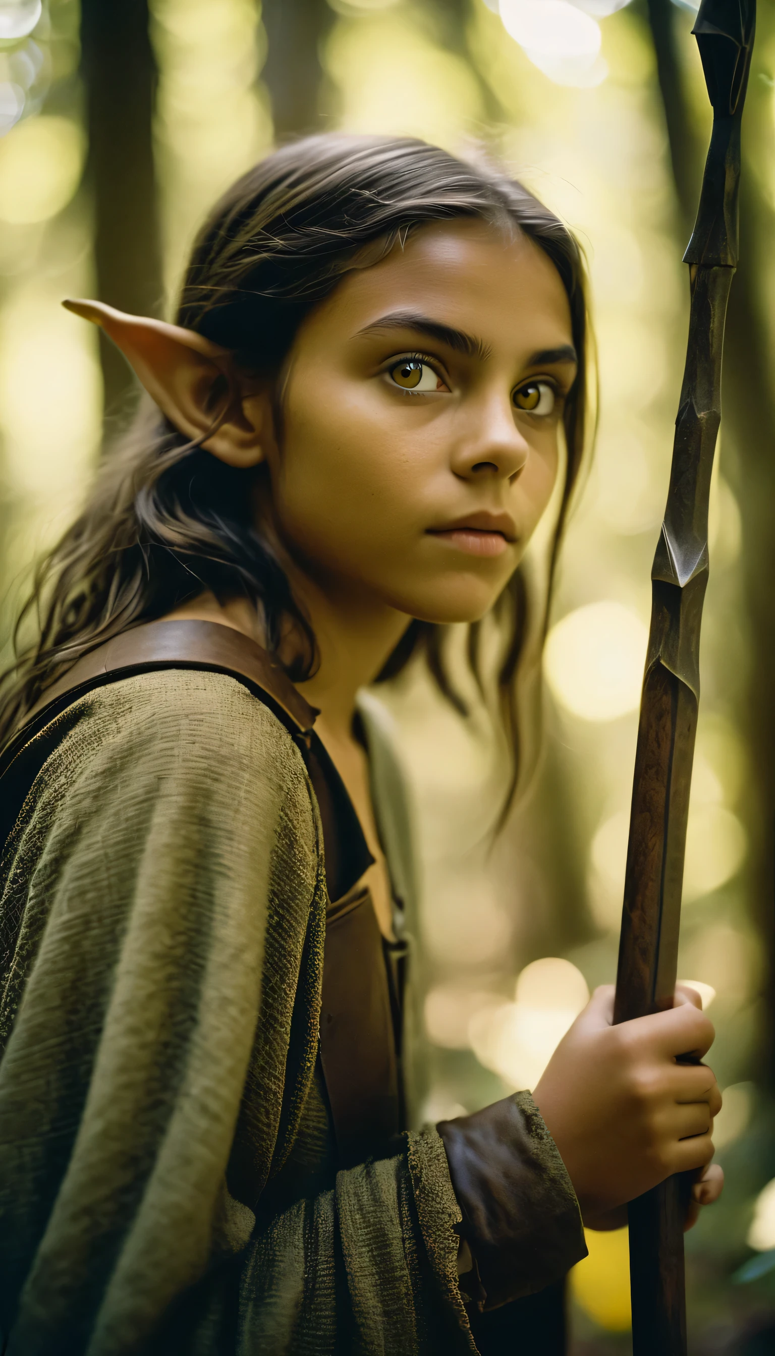 analog film photo, photo of young half-goblin, female, 16 years-old, olive green skintone, diminutive build, pointy ears, yellow eyes, pretty, natural beauty, holding a spear, mystical forest, RAW Photograph, dslr, soft lighting, high quality, film grain, Fujifilm XT3, detailed skin with visible pores, insane details, masterpiece, 8k, 35mm photograph, dslr, kodachrome, faded film, desaturated, 35mm photo, grainy, vintage, Kodachrome, Lomography, stained, highly detailed, found footage, full-body