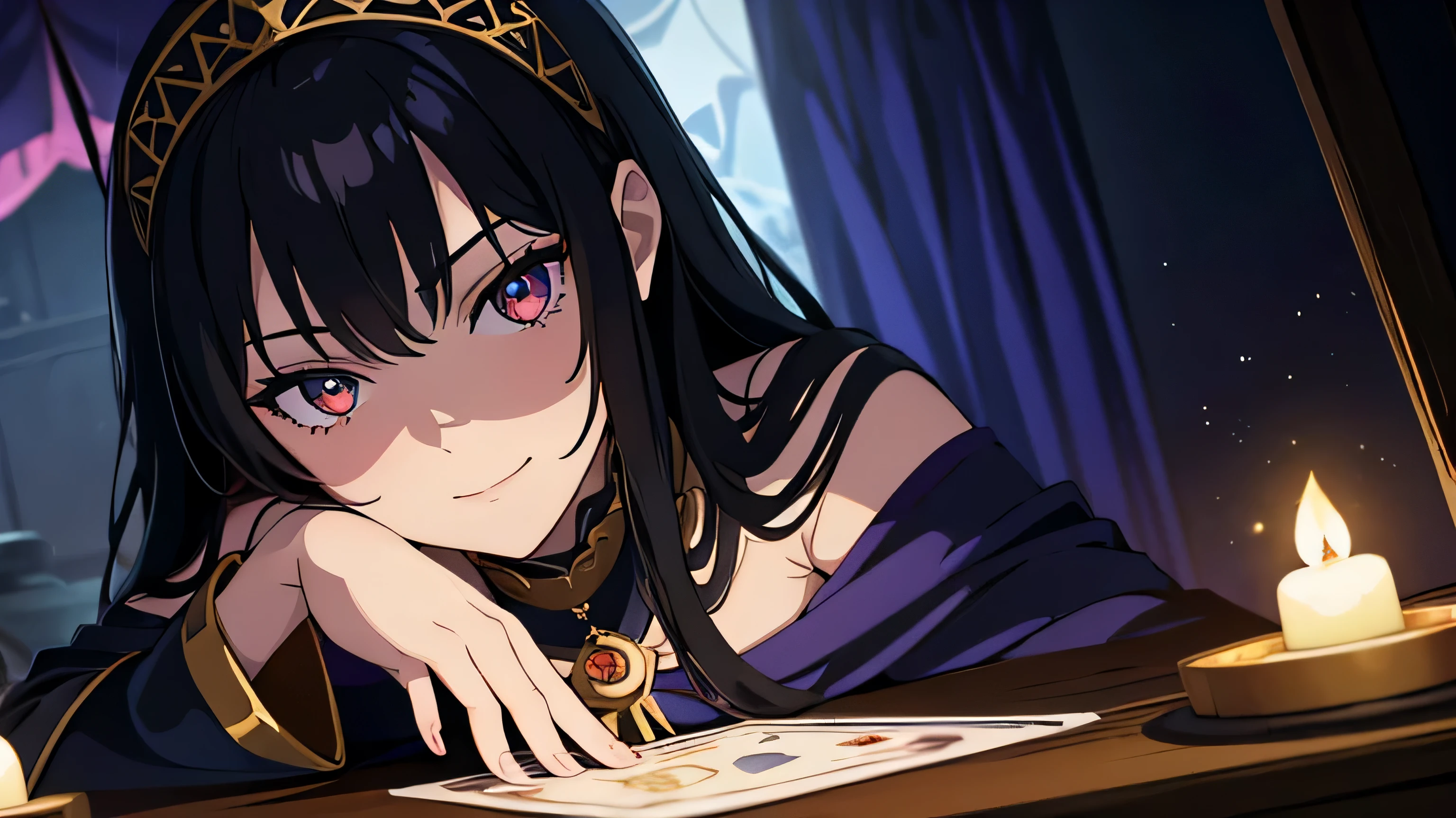 (masterpiece, top quality, best quality, official art, beautiful and aesthetic:1.2), (1girl:1.3), wavy long hair, black hair, extremely detailed, portrait, looking at viewer, solo, (full body:0.6), detailed background, close up, glowing eyes, (cold arctic winter theme:1.1), fortune teller, charlatan, smirk, mysterious, sitting at table, colorful shoulderless loose gypsy fortune teller clothes, chalice, tarot cards,medieval (tent interior:1.1) background, tent curtains in background, dark mysterious lighting, shadows, magical atmosphere, starry night,, dutch angle