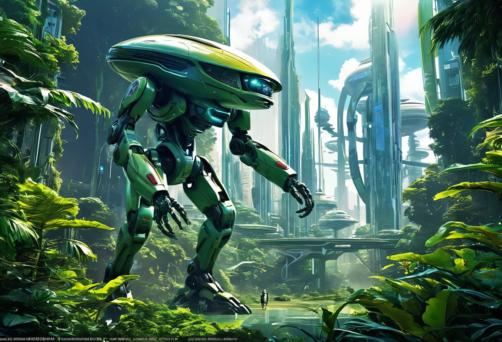 Create a picture of a stunning, futuristic alien world, with exotic vegetation and impressive landscapes that seem like something out of a dream, where peaceful alien creatures dwell in harmony with the lush environment and futuristic and technological constructions. giant robots