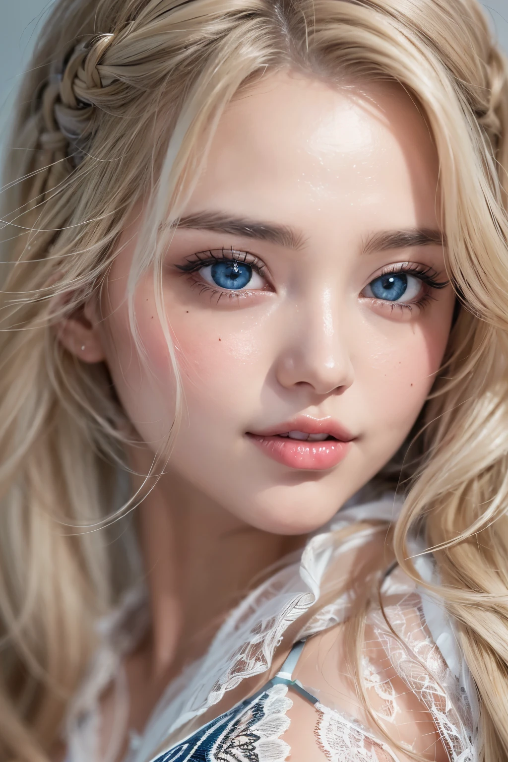 Create a realistic image of a stunning Ukrainian woman. She should have striking blue eyes and long, curly blonde hair. Her lips should be vividly red and sensual, accentuating her angelic face. Her eyes should be elegantly made up, with long and well-defined eyelashes. Her face should be beautifully made up, highlighting her natural beauty. She should have the appearance of a model, radiating charm and grace. The woman is looking directly at the camera --ar 9:16 --s 750