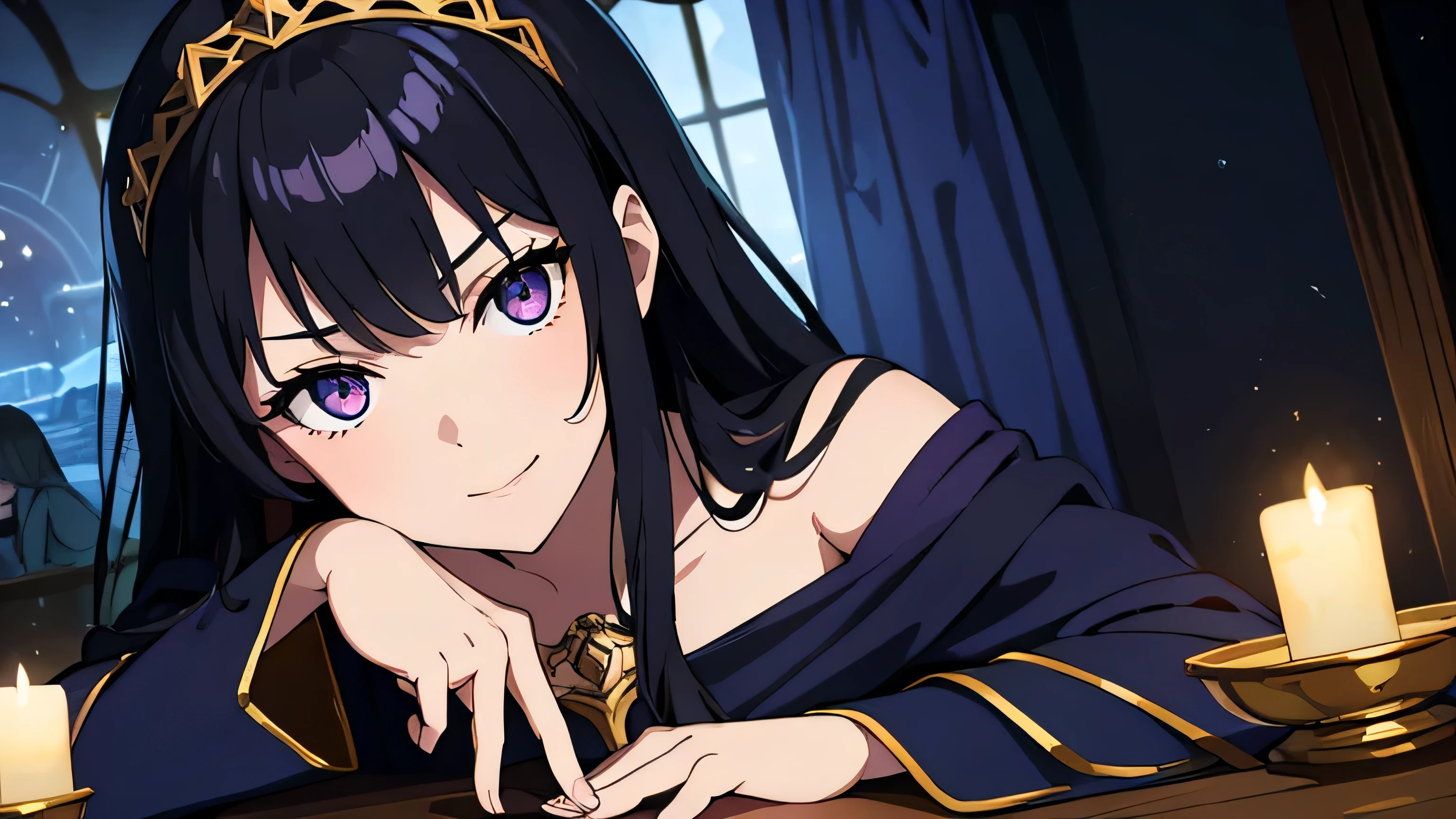 (masterpiece, top quality, best quality, official art, beautiful and aesthetic:1.2), (1girl:1.3), wavy long hair, black hair, extremely detailed, portrait, looking at viewer, solo, (full body:0.6), detailed background, close up, glowing eyes, (cold arctic winter theme:1.1), fortune teller, charlatan, smirk, mysterious, sitting at table, colorful shoulderless loose gypsy fortune teller clothes, chalice, tarot cards,medieval (tent interior:1.1) background, tent curtains in background, dark mysterious lighting, shadows, magical atmosphere, starry night,, dutch angle