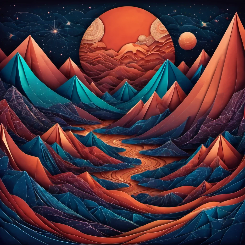 (best quality, highres, ultra sharp), magical alien landscape, mars, about the curvature of space time, round mountains, zentangle lines, art decostyle , full colored, 3d crunch, dark tones,