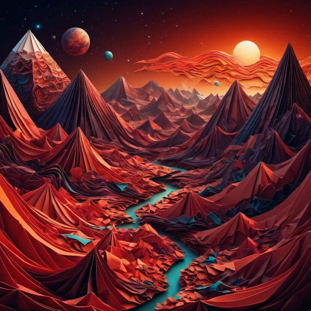 (best quality, highres, ultra sharp), magical alien landscape, mars, about the curvature of space time, round mountains, zentangle lines, art decostyle , full colored, 3d crunch, dark tones,