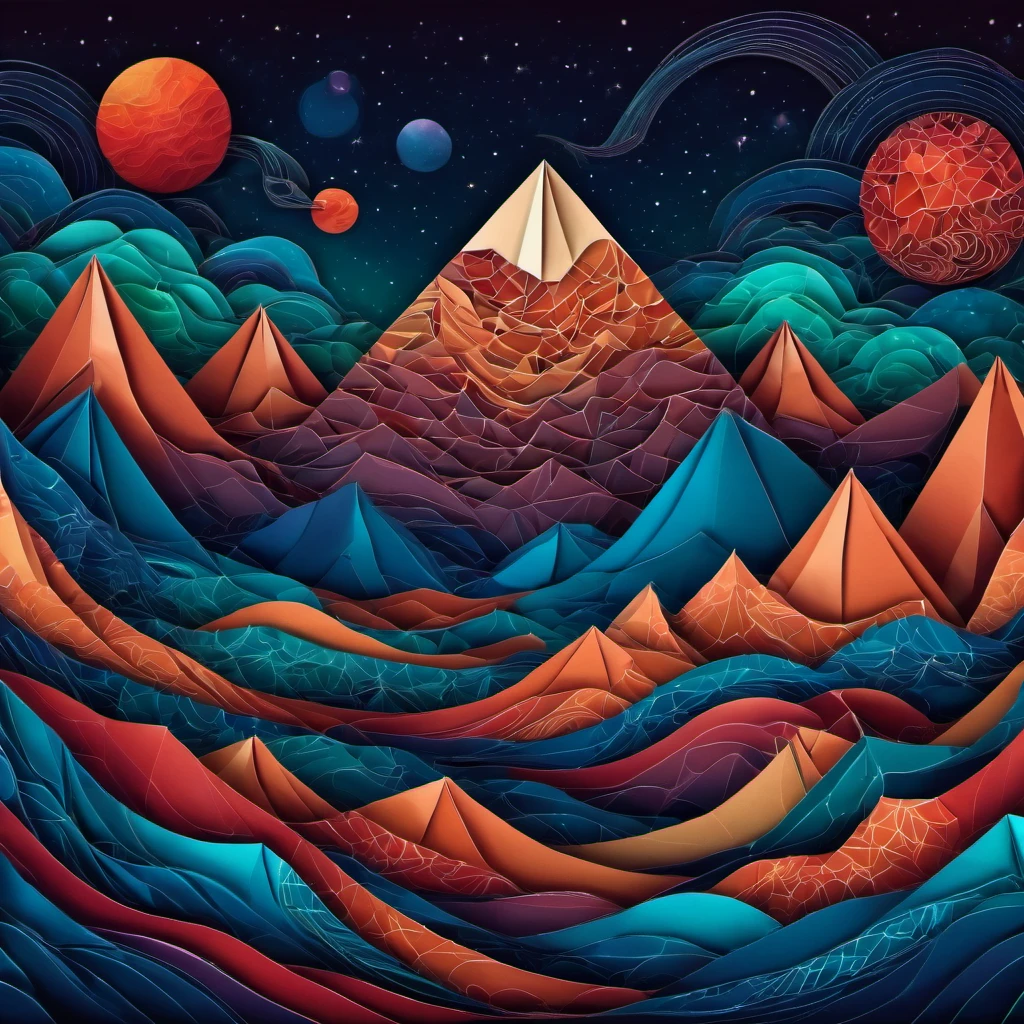 (best quality, highres, ultra sharp), magical alien landscape, mars, about the curvature of space time, origami mountains, zentangle lines, art decostyle , full colored, 3d crunch, dark tones,