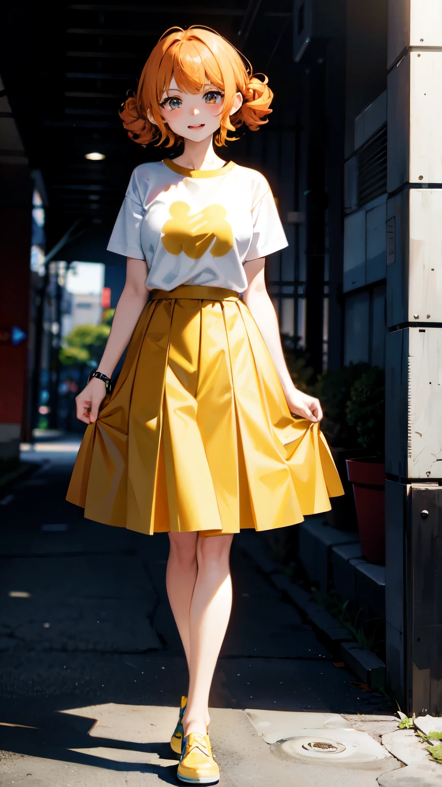 cute anime girl wearing a yellow skirt and white tshirt with short curly ginger hair standing with their arms by their side
