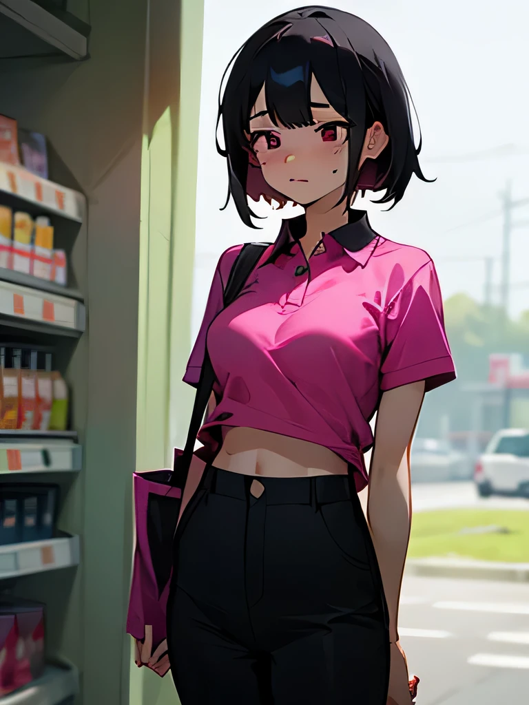 40' No bra, lower body, Japanese, very short, pubic hair, black pants, beautiful breasts, embarrassing, Shyness, worries, convenience store,magenta polo shirt,black hair