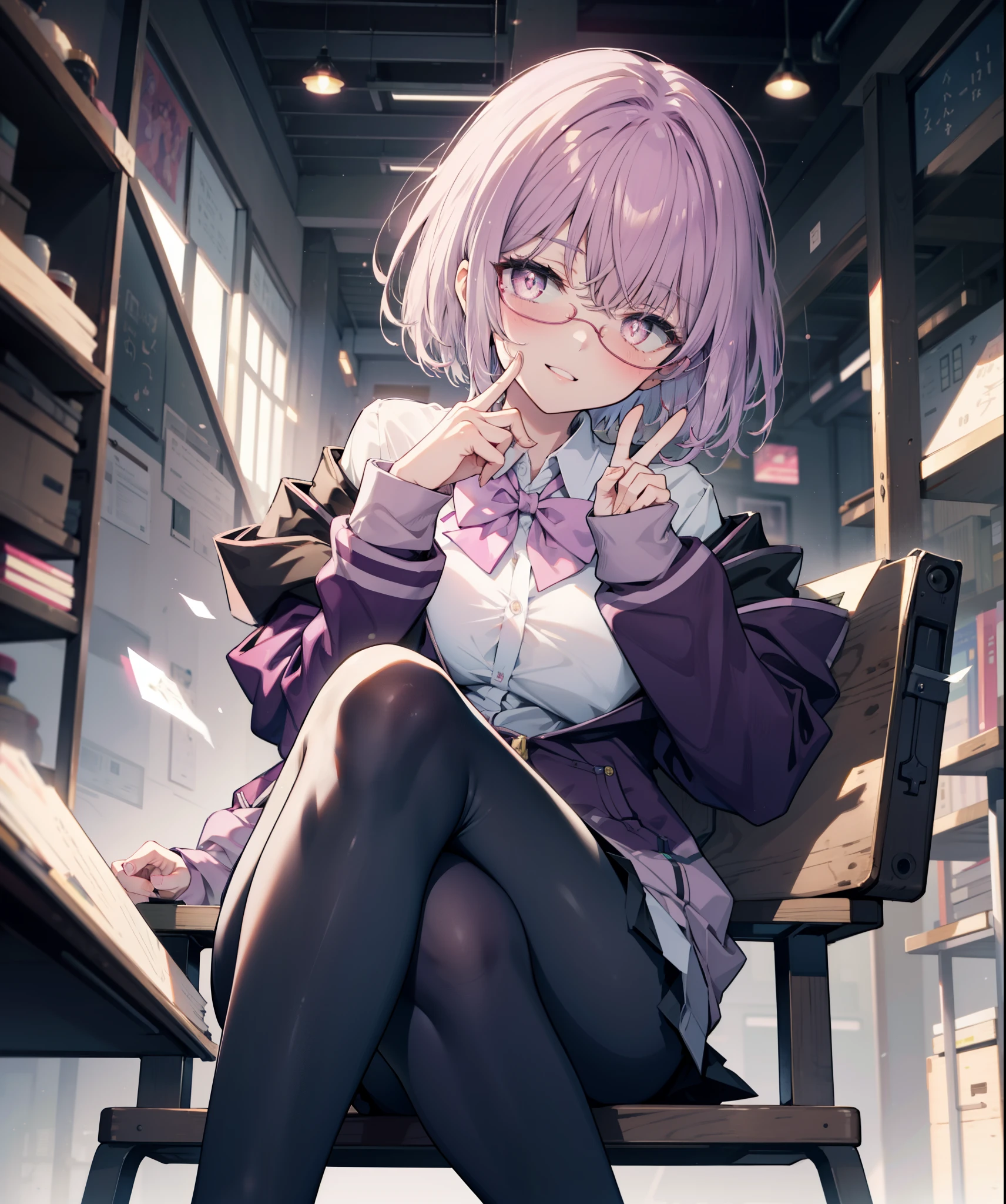 akaneshinjou, shinjou akane, light purple hair, (pink eyes:1.2), short hair,Akabu glasses,put your hand over your mouth,Peace sign at the mouth,happy smile, smile, open your mouth,sitting cross-legged on a chair,break black pantyhose, bow, collared shirt, hood, hooded Jacket, Jacket, open clothes, open Jacket, open shirt, pantyhose, purple bow, purple Jacket, , shirt, sleeves go over wrists, unbuttoned shirt, white shirt,brown loafers,
break indoors, classroom,
break looking at viewer, break (masterpiece:1.2), highest quality, High resolution, unity 8k wallpaper, (figure:0.8), (detailed and beautiful eyes:1.6), highly detailed face, perfect lighting, Very detailed CG, (perfect hands, perfect ???????),