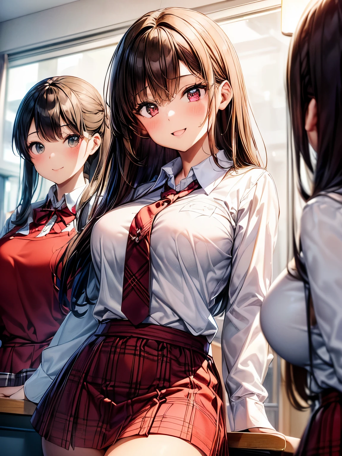 highest quality、one beautiful woman、beautiful big breasted woman:1.5、straight hair woman、high school girl、(brown haired woman:1.3)、(A woman wearing a white collared shirt:1.6)、(A woman wearing a red and black plaid miniskirt:1.3)、woman wearing a red tie、School、classroom、night、big smile、illuminated by moonlight