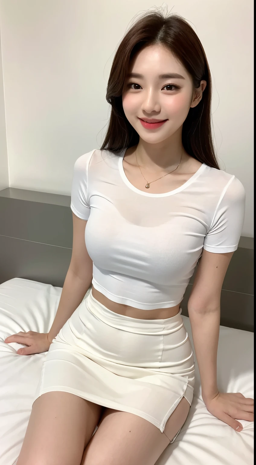 white tight shirt、white tight mini skirt、bed、smile、short sleeve、high resolution、Korean idol face