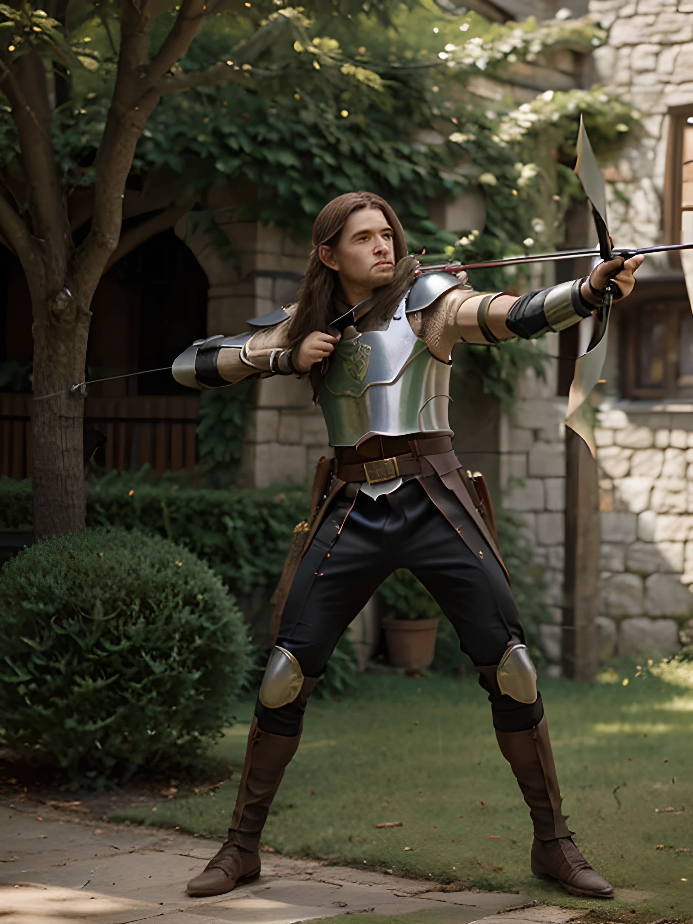Fullbody view of elf male long-haired medieval fantasy archer in leather armor with a bow in action pose jumping