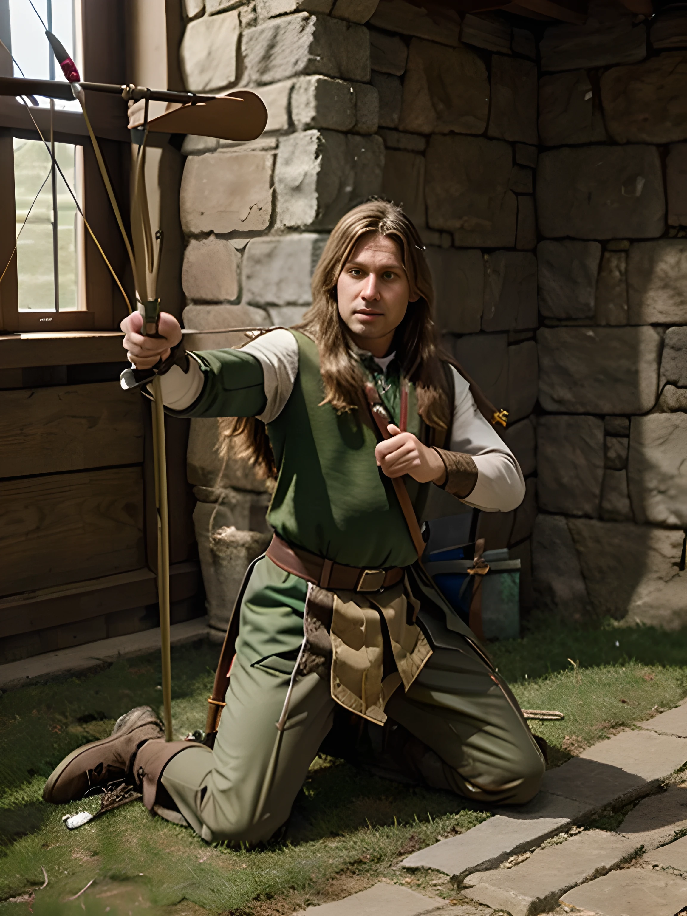 Fullbody view of elf male long-haired medieval fantasy archer with a bow in action pose kneeling