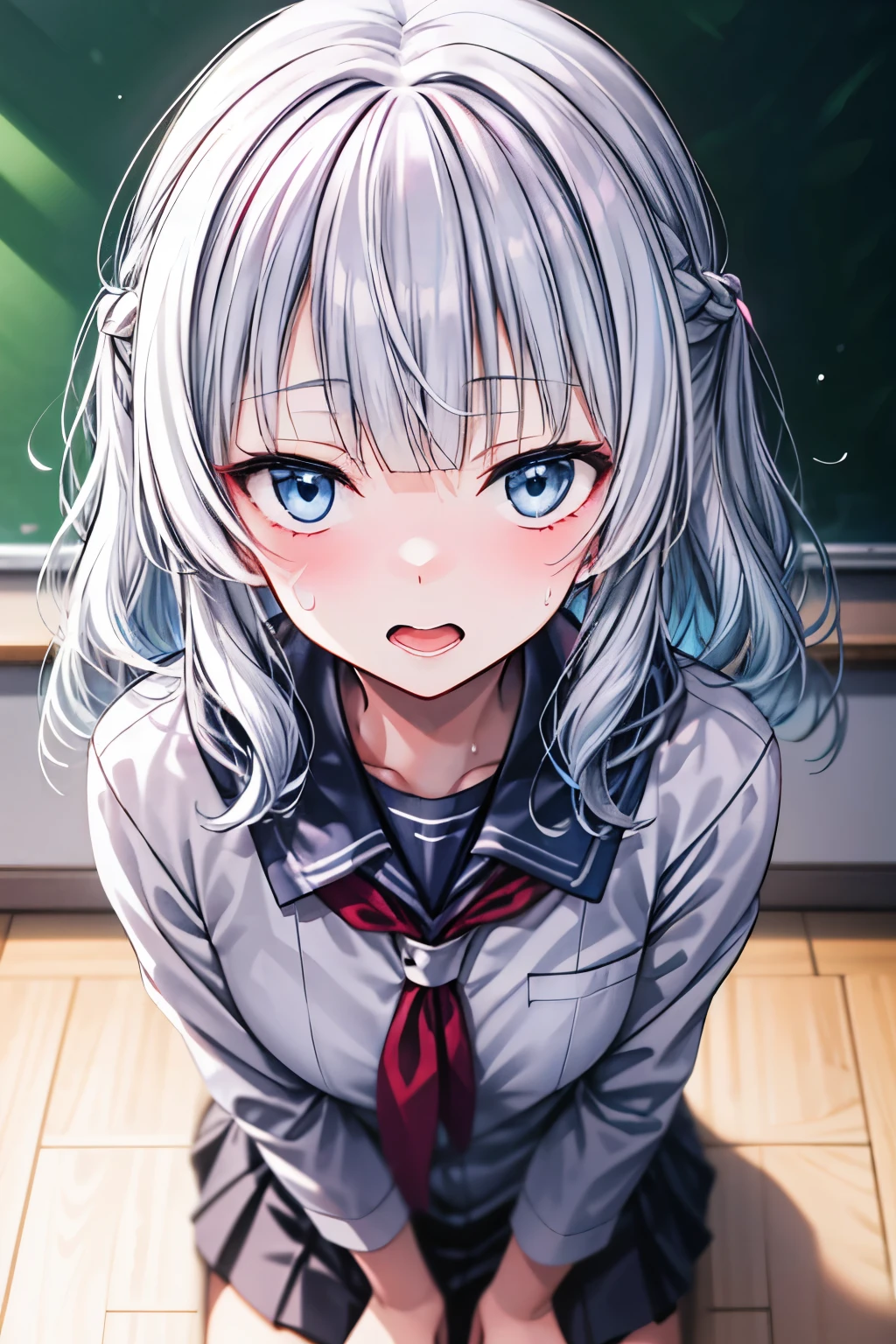 ((best quality)), ((masterpiece)), (detailed), perfect face, 1girl, pettied highschool girl, white hair, light blue eyes, wearing , kneeling on a floor in a classroom, looking up at viewer, flushed cheeks, drops of sweat rolling down her face, looking embarressed, open mouth, detailed, 8k, high resolution, masterpiece, sakayanagi arisu, classroom of the elite