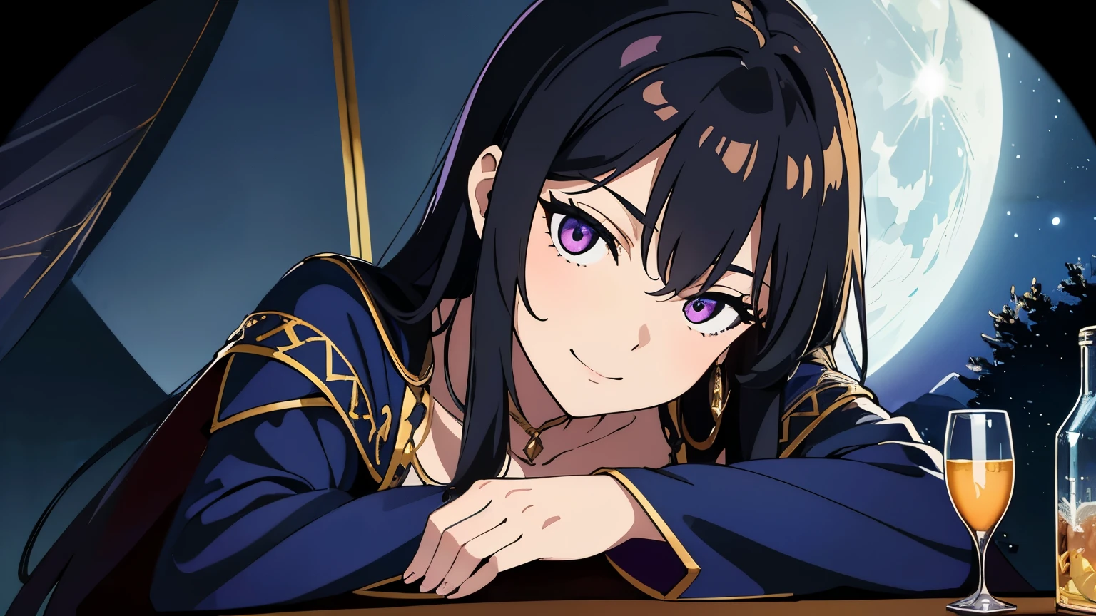 (masterpiece, top quality, best quality, official art, beautiful and aesthetic:1.2), (1girl:1.3), wavy long hair, black hair, extremely detailed, portrait, looking at viewer, solo, (full body:0.6), detailed background, close up, glowing eyes, (cold arctic winter theme:1.1), fortune teller, charlatan, smirk, mysterious, sitting at table, colorful shoulderless loose gypsy fortune teller clothes, chalice, tarot cards,medieval (tent interior:1.1) background, large moon in background, dark mysterious lighting, shadows,latmosphere, starry night,, dutch angle
