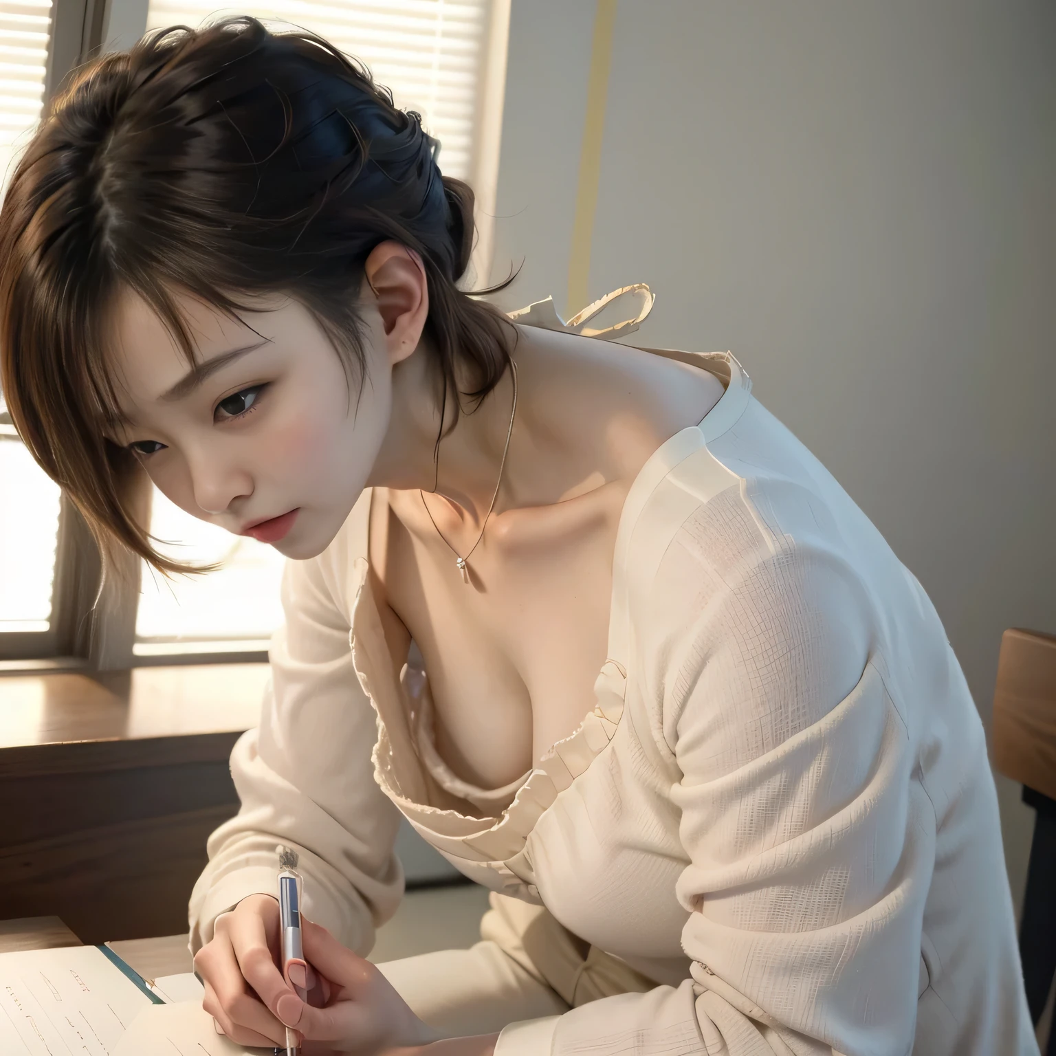 best quality, ultra high res, 8K, RAW photo,  cute  japanese girl, solo, (((flat chest))),downblouse, small breasts, voluptuous, sexy detailed bra with embellishments,overlap shirt ,(high resolution detail of human skin texture), short hair,necklace , from  above, standing and leaning over to sign a guest book at a wedding reception