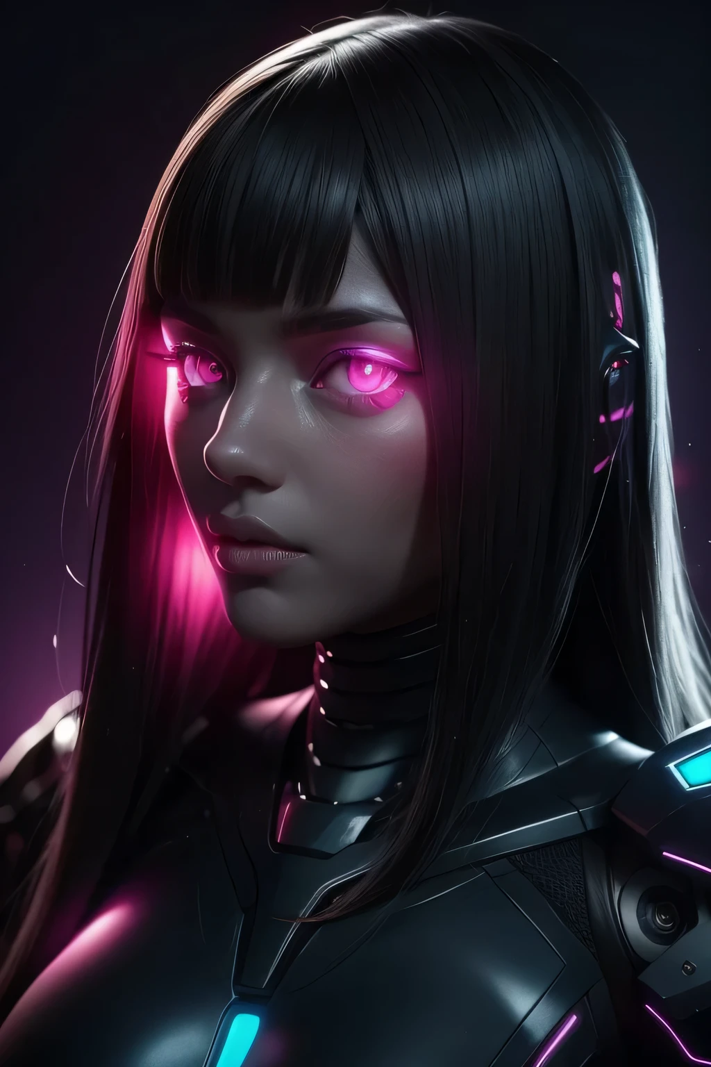 girl realistic and intricate perfect beauty face, detailed & asymmetric perfect sharp galaxy glowing eyes, detailed face, (((from face to the waist))), (((beauty shape))), ((in realistic neon-lit sci-fi black plugsuit metal mech parts and robotic tentacles with neon-lit lights)), masterpiece, 4k, UHD