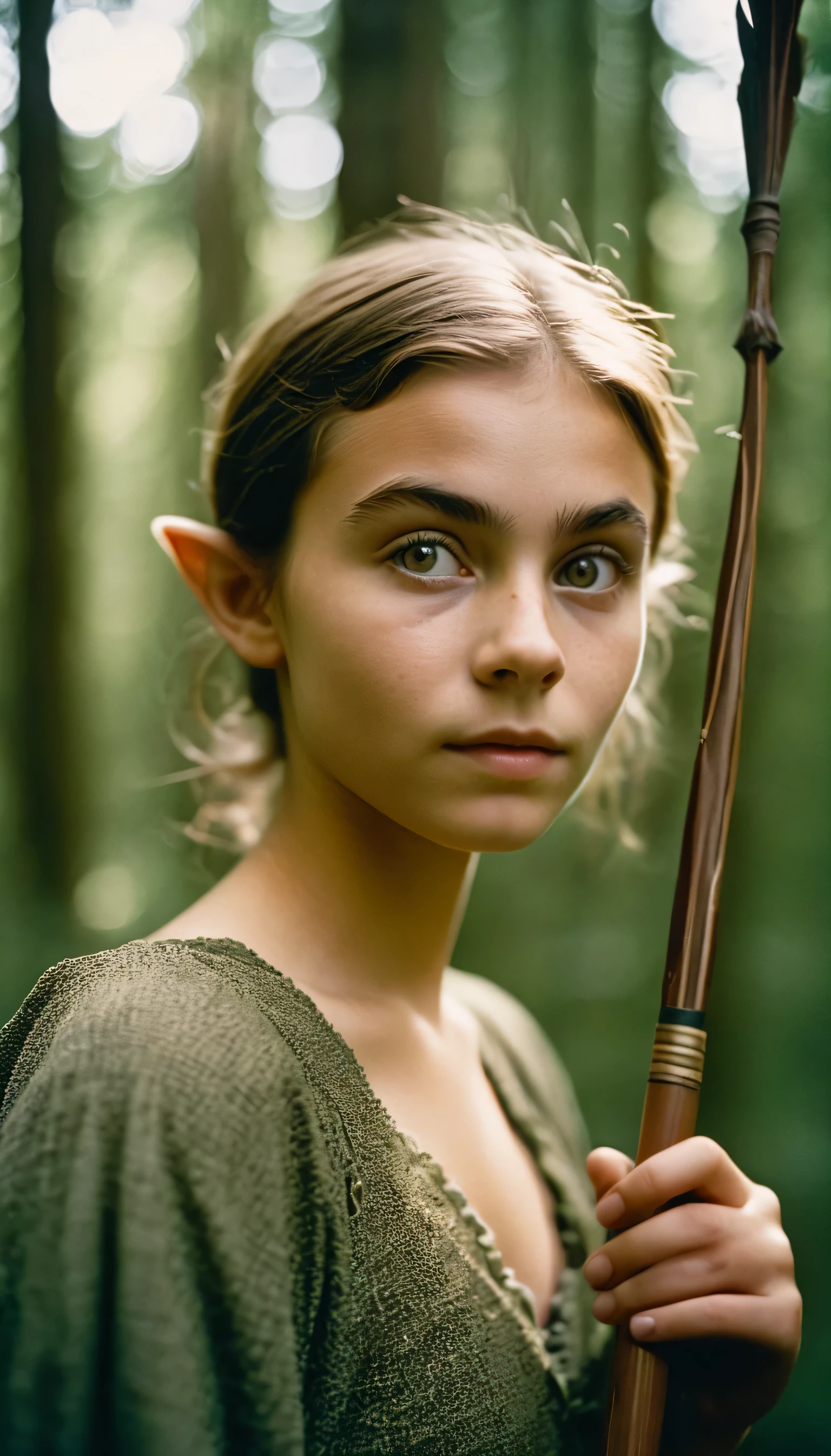 analog film photo, photo of young half-goblin, female, -old, oligreen skintone, diminutive build, pointy ears, upturned nose, slitted pupils, pretty, natural beauty, holding a spear, mystical forest, RAW Photograph, dslr, soft lighting, high quality, film grain, Fujifilm XT3, detailed skin with visible pores, insane details, masterpiece, 8k, 35mm photograph, dslr, kodachrome, faded film, desaturated, 35mm photo, grainy, vintage, Kodachrome, Lomography, stained, highly detailed, found footage, full-body