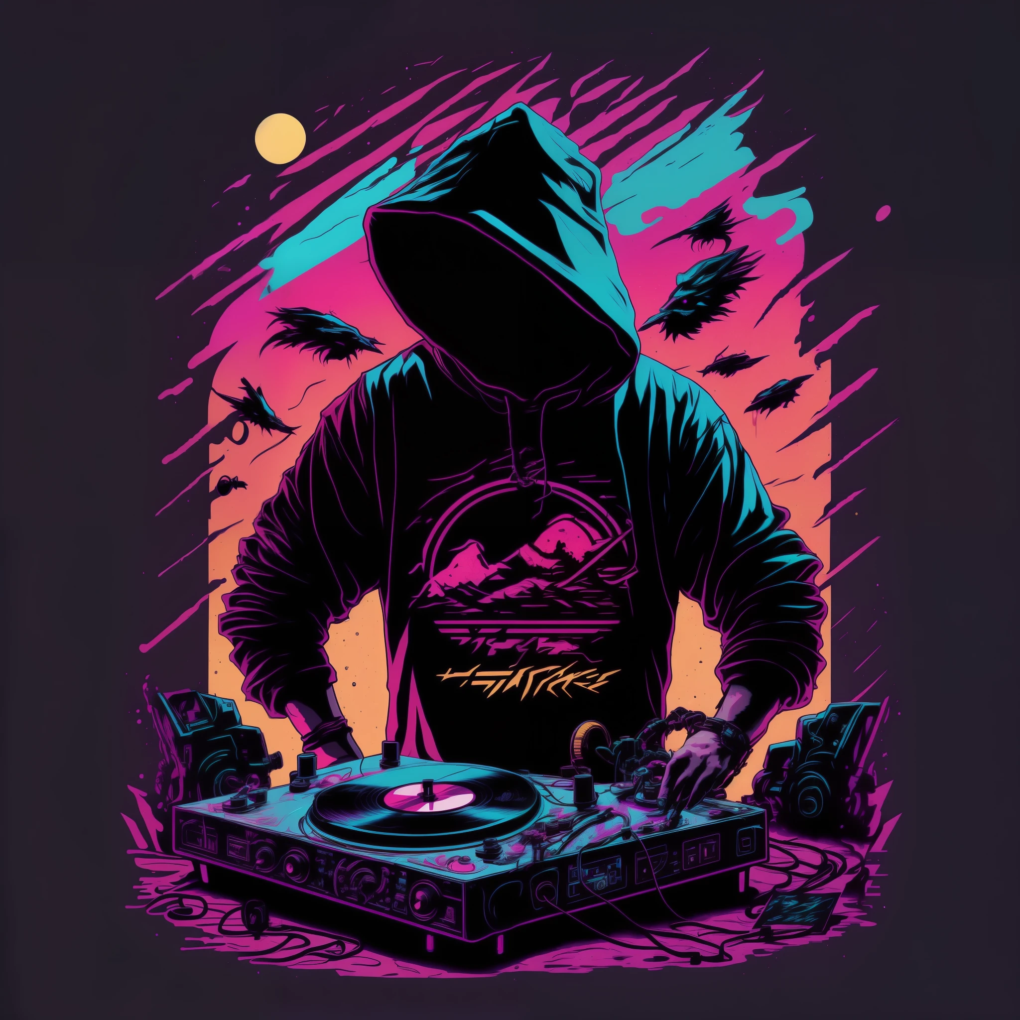 retrowave Hooded dj playing vinyl turntable set character design,sticker,Full body shot ,anime style, Trigger Studio style, manga art, comics, inking, graffiti art, graphic, neon colors, golden ratio composition, design for tshirt