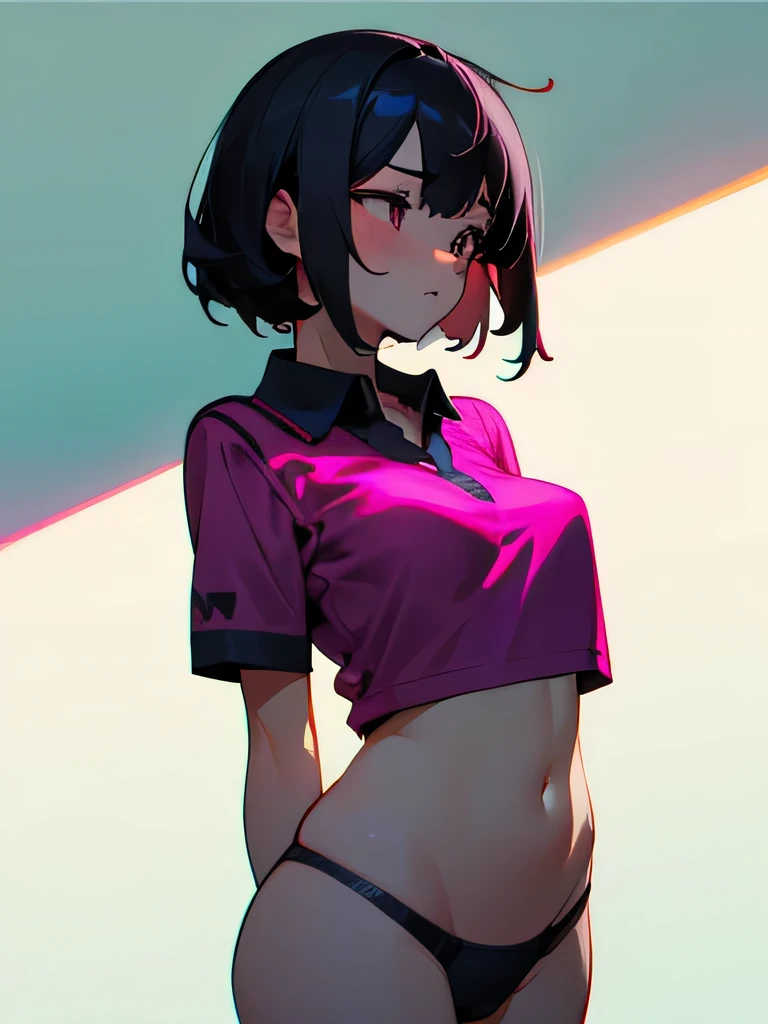 40' No bra, lower body, Japanese, very short, pubic hair, sexy underwear, beautiful breasts, embarrassing, Shyness, worries, In town,magenta polo shirt,black hair