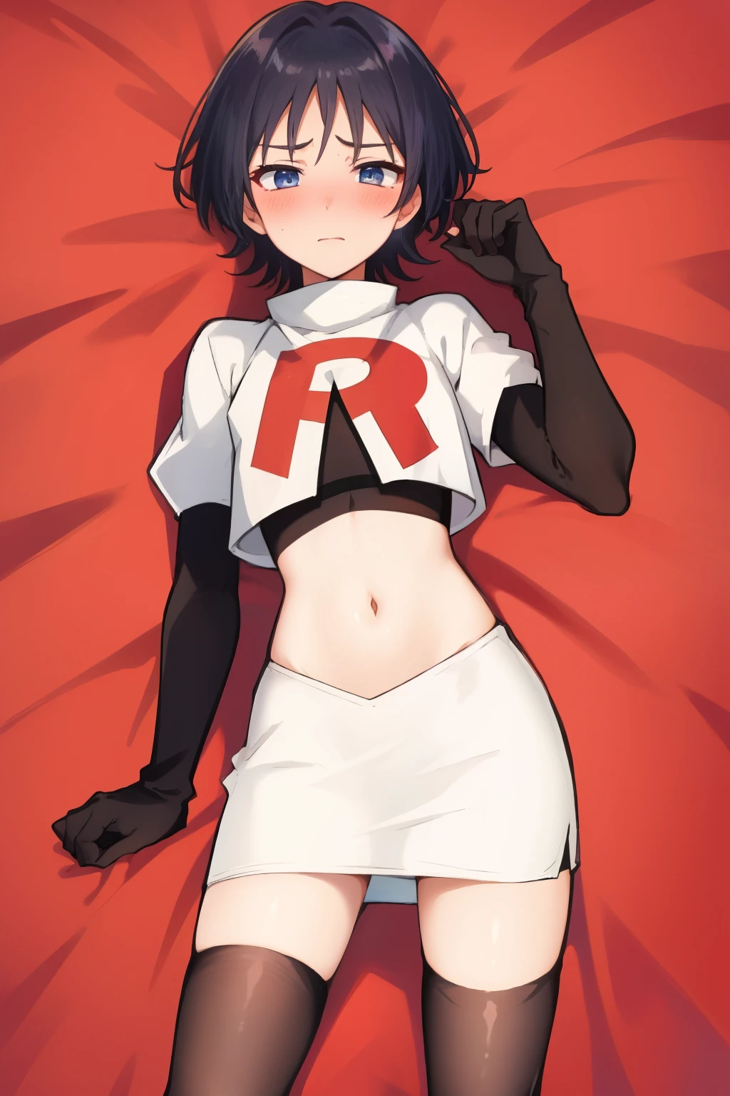 absurdres,masterpiece, trap, best quality, highres, high quality, 1boy, solo, male focus, hair, crossdressing,1boy,team rocket,team rocket uniform,white skirt,red letter R,crop top,black thigh-highs,black elbow gloves, embarrassed, blush