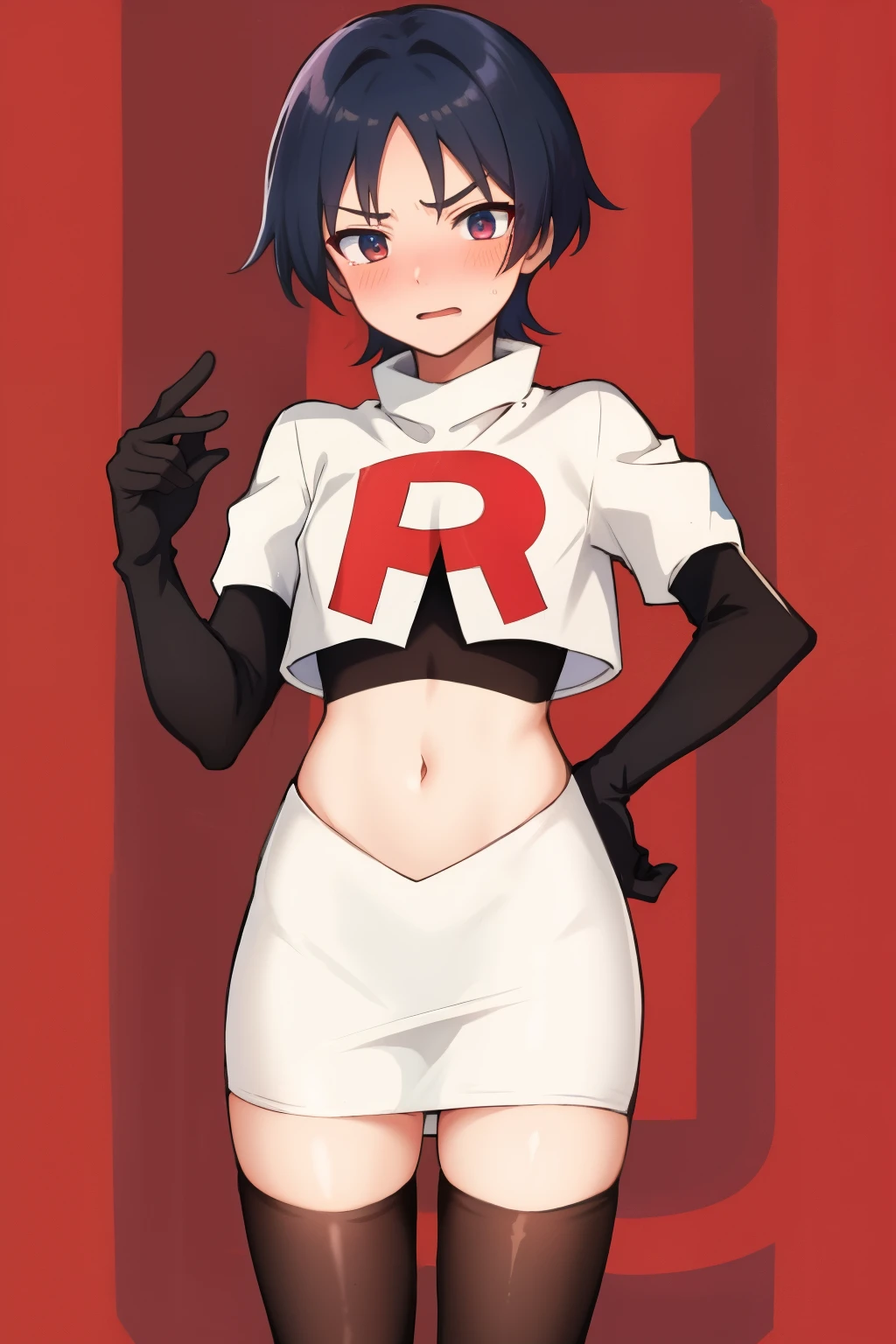 absurdres,masterpiece, trap, best quality, highres, high quality, 1boy, solo, male focus, hair, crossdressing,1boy,team rocket,team rocket uniform,white skirt,red letter R,crop top,black thigh-highs,black elbow gloves, embarrassed, blush