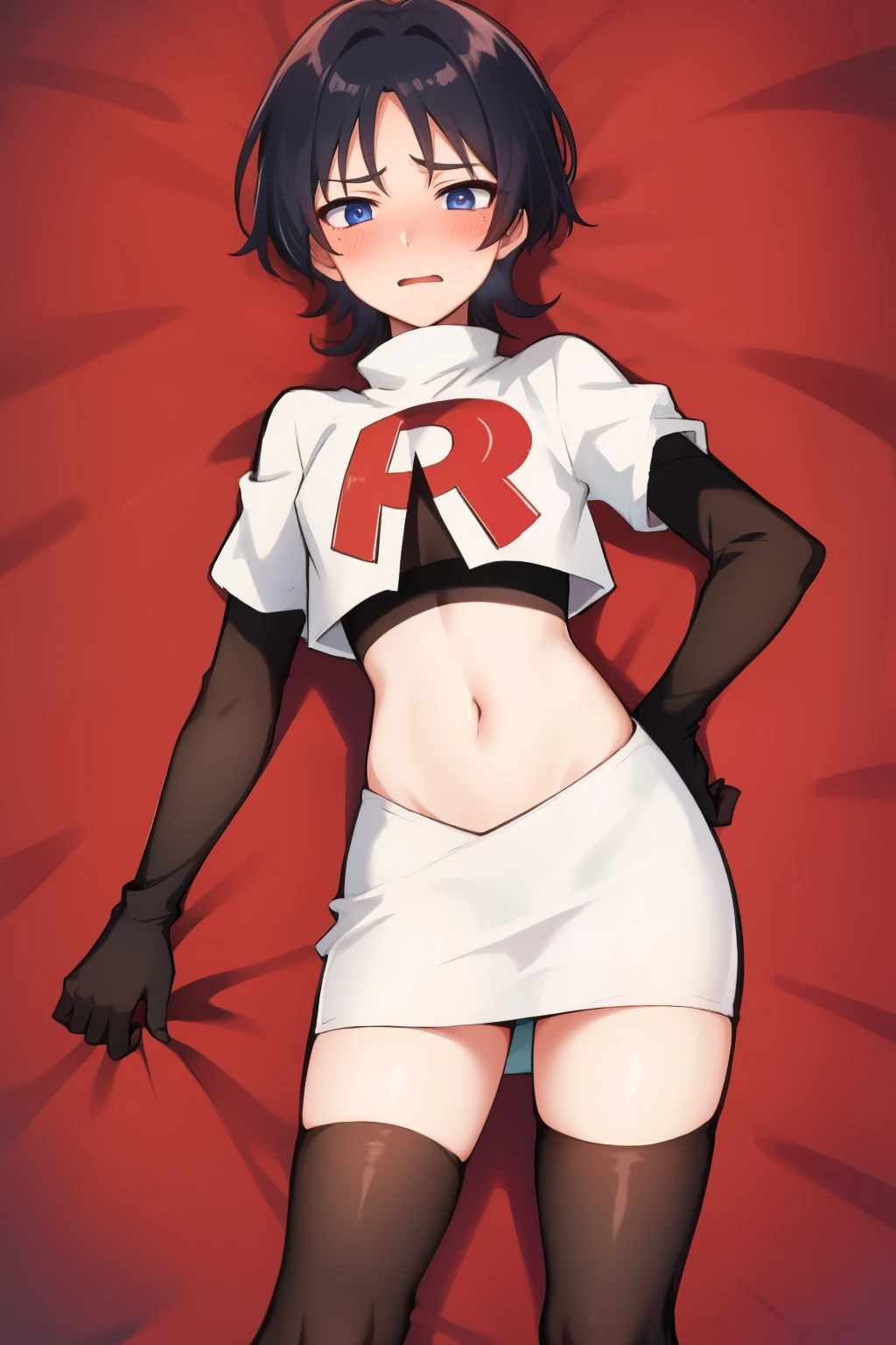 absurdres,masterpiece, trap, best quality, highres, high quality, 1boy, solo, male focus, hair, crossdressing,1boy,team rocket,team rocket uniform,white skirt,red letter R,crop top,black thigh-highs,black elbow gloves, embarrassed, blush