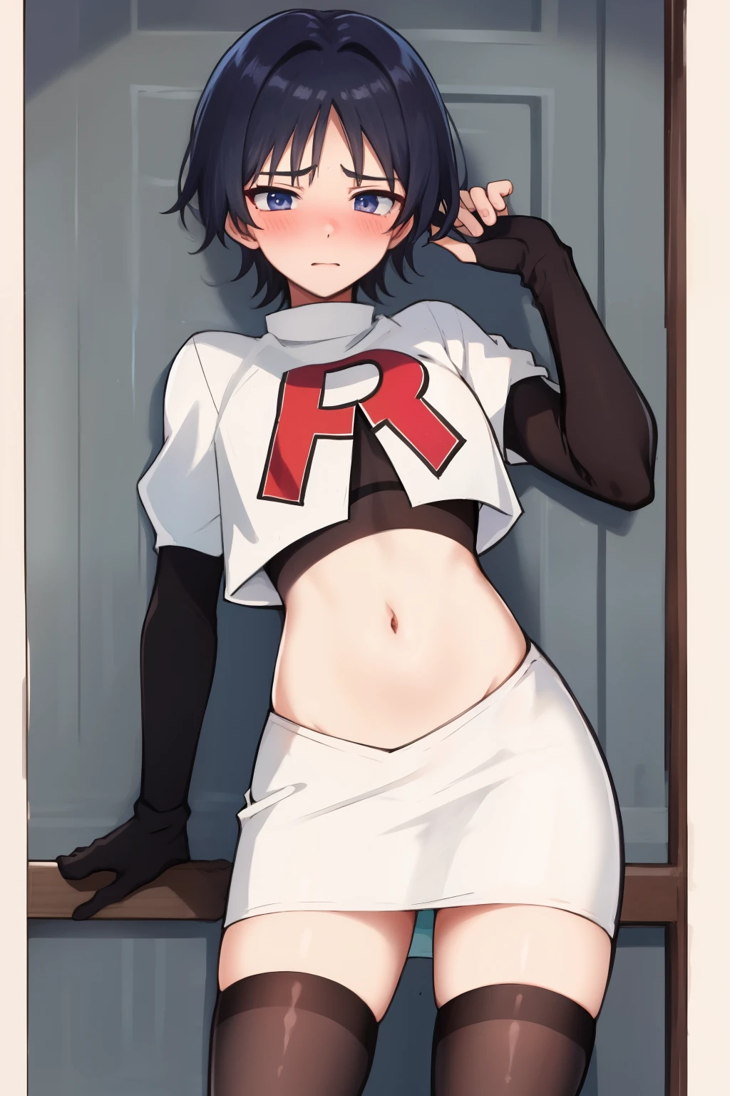 absurdres,masterpiece, trap, best quality, highres, high quality, 1boy, solo, male focus, hair, crossdressing,1boy,team rocket,team rocket uniform,white skirt,red letter R,crop top,black thigh-highs,black elbow gloves, embarrassed, blush