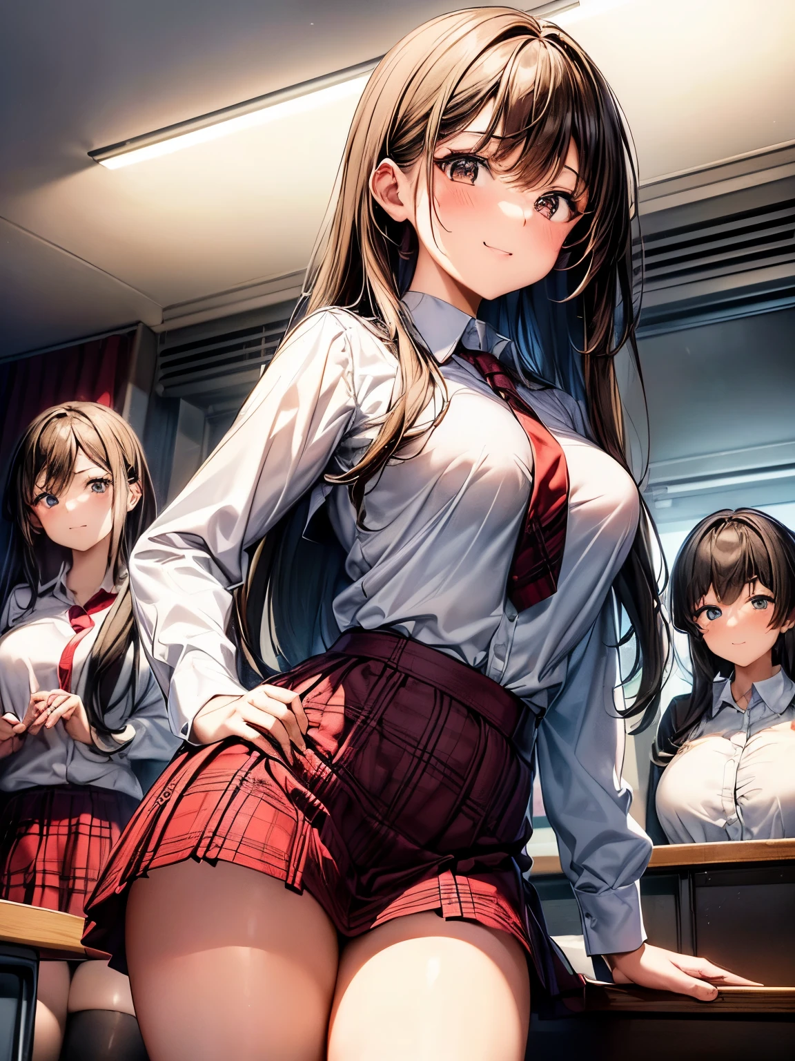 highest quality、one beautiful woman、beautiful big breasted woman:1.5、straight hair woman、high school girl、(brown haired woman:1.3)、(A woman wearing a white collared shirt:1.6)、(A woman wearing a red and black plaid miniskirt:1.3)、woman wearing a red tie、School、classroom、night、big smile、illuminated by moonlight、woman with hands on hips