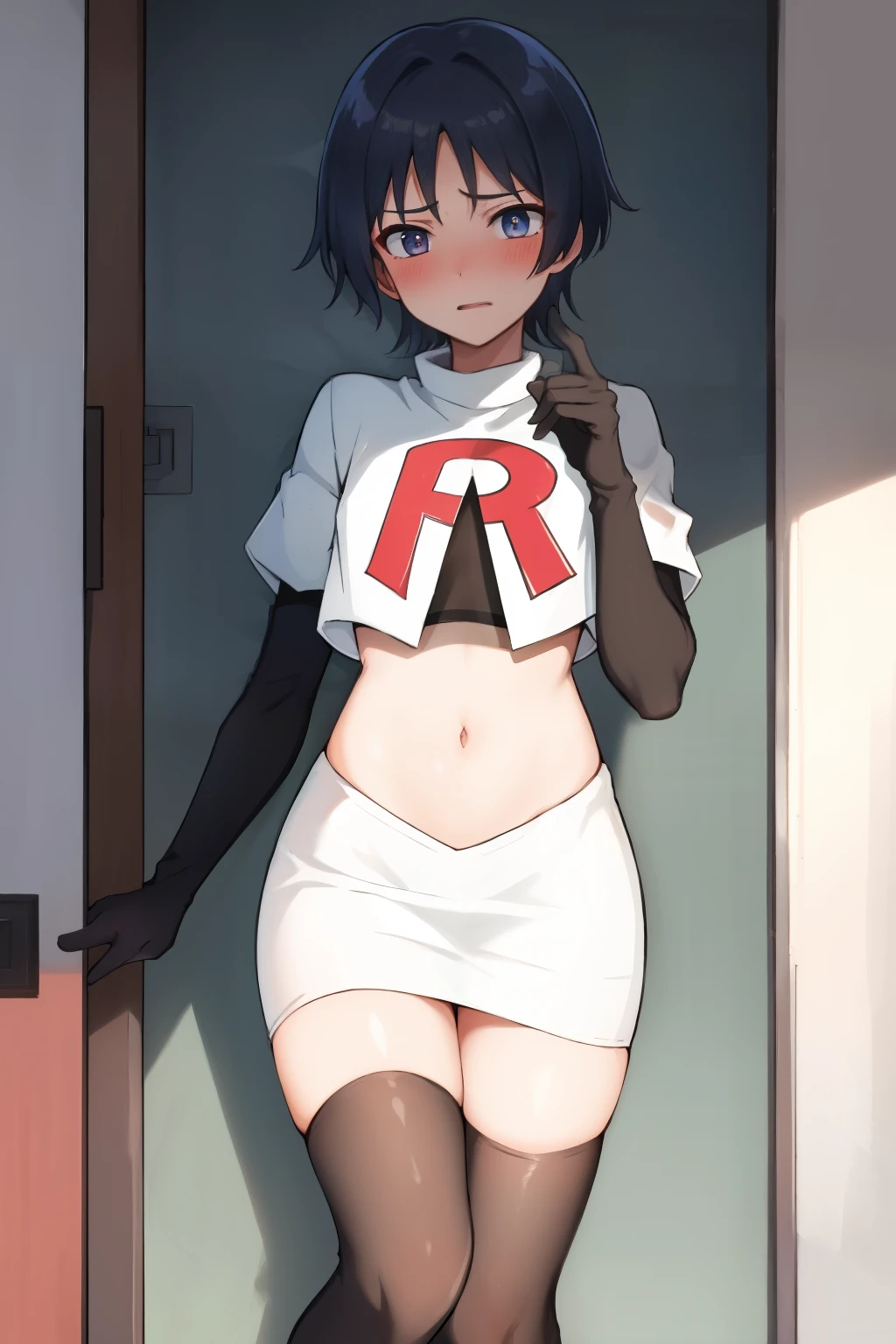 absurdres,masterpiece, trap, best quality, highres, high quality, 1boy, solo, male focus, hair, crossdressing,1boy,team rocket,team rocket uniform,white skirt,red letter R,crop top,black thigh-highs,black elbow gloves, embarrassed, blush