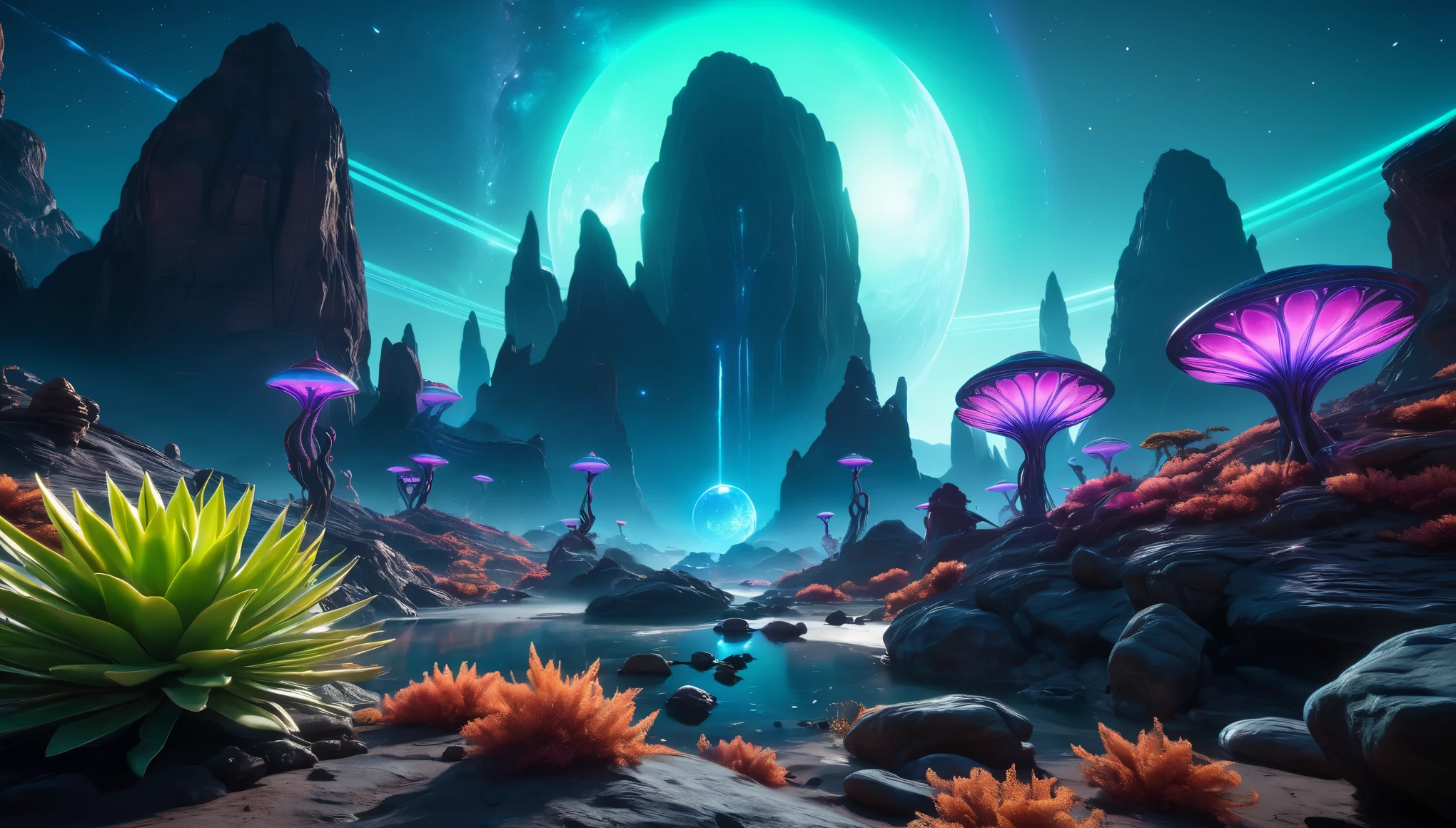 a fantasy landscape:(glowing alien plants and rocks:1.5),nebula,glowing alien planet,scifi,epic,depth of field,gorgeous color grading,cinematic lighting,raytracing,(ultra-detailed,8k:1.4),(masterpiece:1.3)