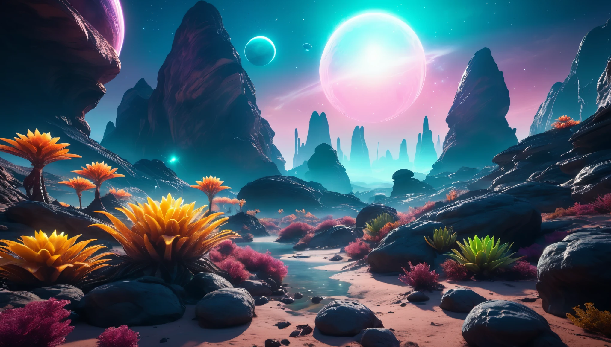 a fantasy landscape:(glowing alien plants and rocks:1.5),nebula,glowing alien planet,scifi,epic,depth of field,gorgeous color grading,cinematic lighting,raytracing,(ultra-detailed,8k:1.4),(masterpiece:1.3)
