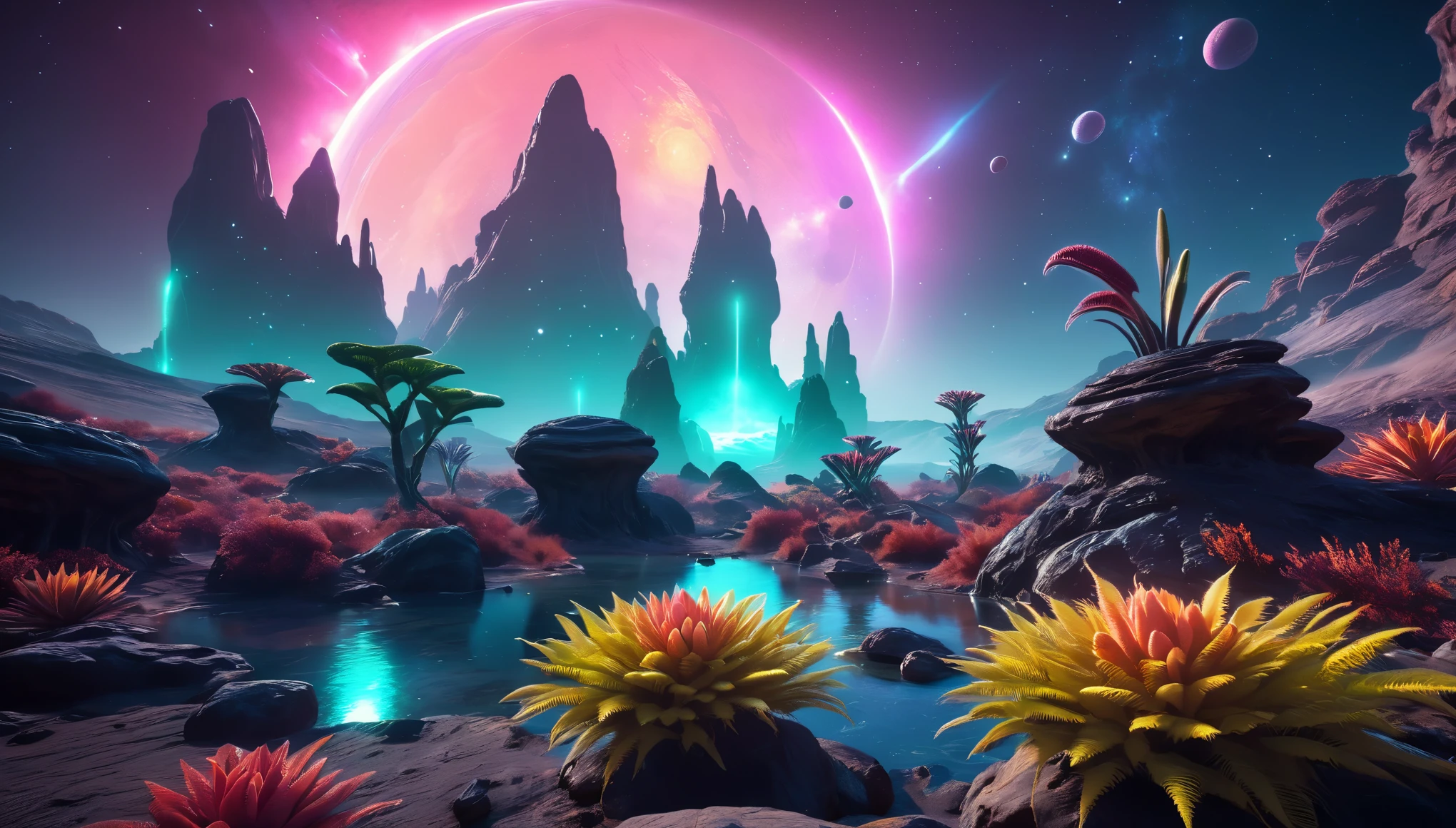 a fantasy landscape:(glowing alien plants and rocks:1.5),nebula,glowing alien planet,scifi,epic,depth of field,gorgeous color grading,cinematic lighting,raytracing,(ultra-detailed,8k:1.4),(masterpiece:1.3)