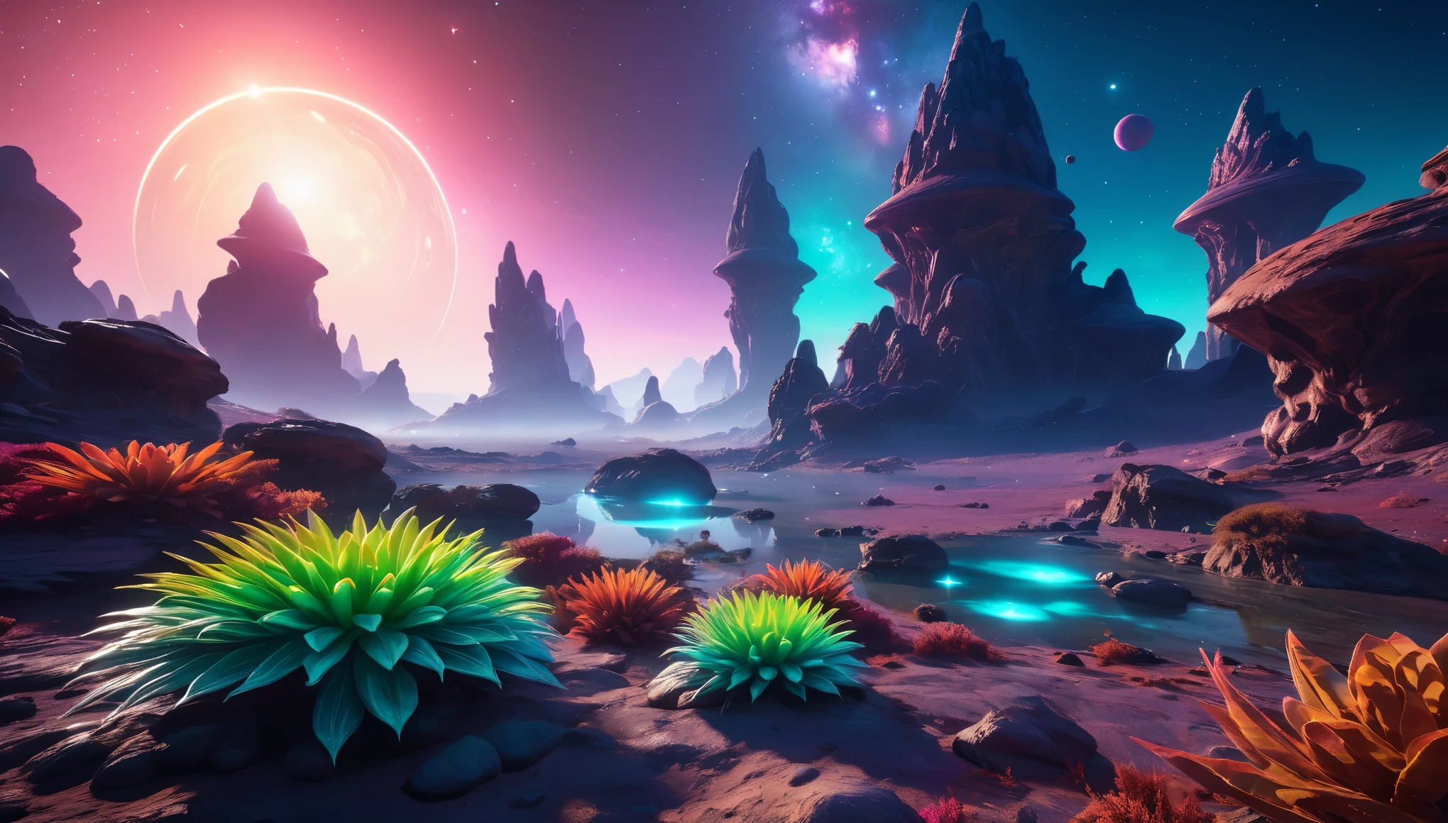 a fantasy landscape:(glowing alien plants and rocks:1.5),nebula,glowing alien planet,scifi,epic,depth of field,gorgeous color grading,cinematic lighting,raytracing,(ultra-detailed,8k:1.4),(masterpiece:1.3)