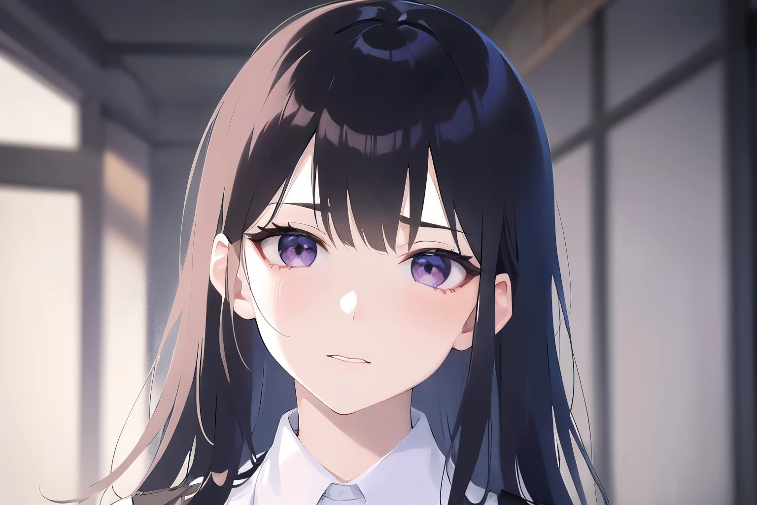 Upper Body, Realistic, real person, (pale skin: 1.2), RAW photo, photorealistic, portrait photography, shiny skin, japanese idol、shiny hair、(25 year old woman with straight medium hair with bangs) and (black hair) and (purple eyes) , wearing a business suit、white shirt 、(embarrassed:1.3), The background is an office room at night.、Alone、Are standing