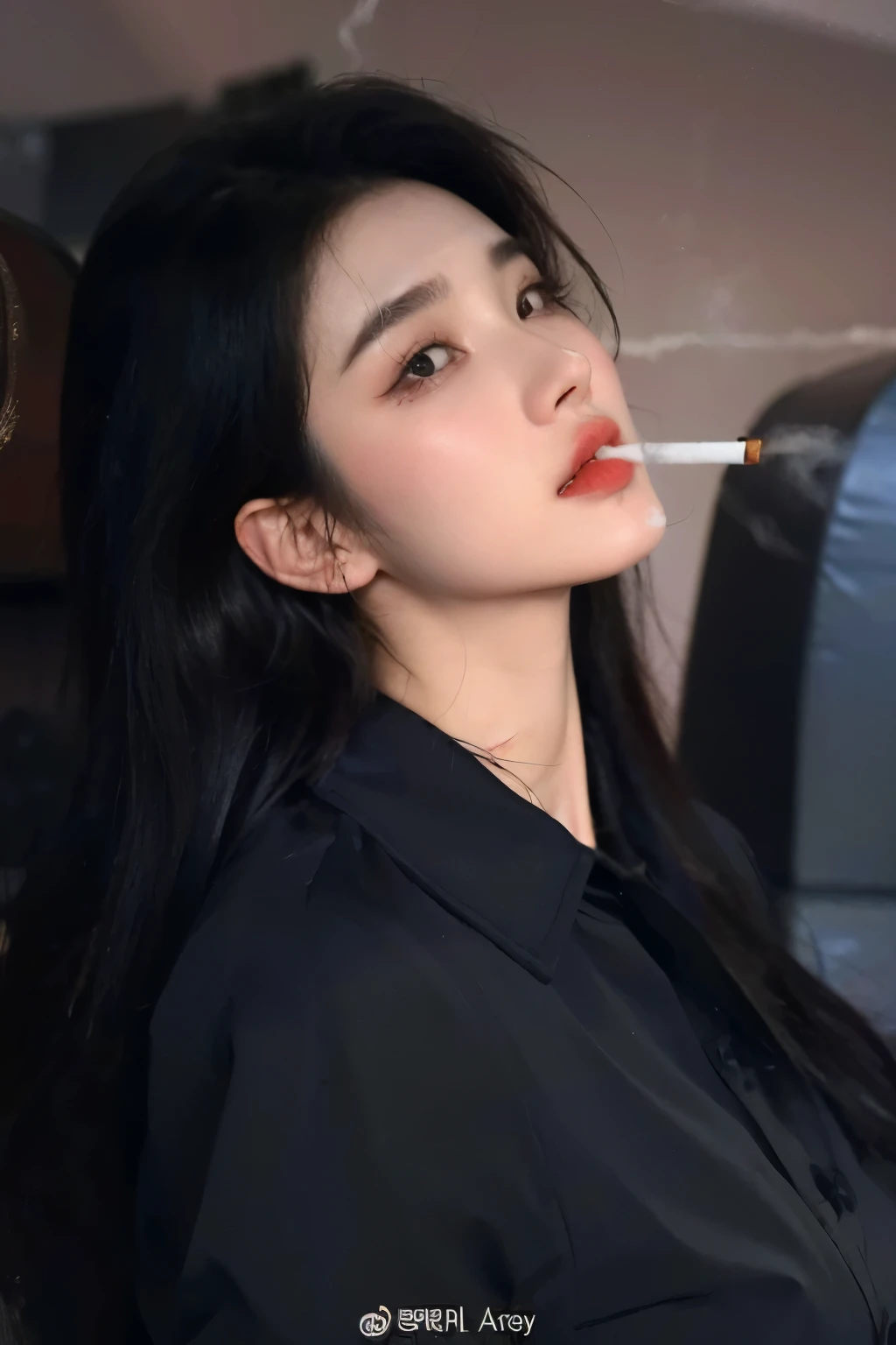 a close up of a woman with a cigarette in her mouth, iu lee ji-eun as a super villain, cigarette, bae suzy, korean girl, beautiful south korean woman, jinyoung shin, cruel korean goth girl, korean woman, with cigar, heonhwa choe, dramatic smoking pose, cai xukun, jisoo from blackpink, woman smoking cigarette