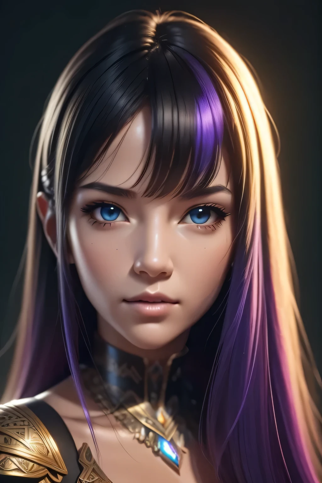 Generate a high quality realistic 3D image of a beautiful 18 year old girl character, (soft skin and visible pores with small light hairs: 1.2) using advanced rendering and modeling techniques. (16k resolution: 1.2). The girl is half naked in lace clothes and (intricate mystical legendary warrior armor: 1.2), her hair is a black afro with colored highlights, her skin must be ultra detailed with visible pores, her body with proportional curves and a heart-shaped ass , small and hard breasts, your face is symmetrical and ultra detailed, your eyes must be large and rich in color and shine, Use the following software for creation: 3DS Max, SketchUp, SolidWorks, AutoCAD, Blender, Vectary, MeshMixer and Unreal Engine 5. Apply photon mapping, radiosity and physical rendering techniques with automatic white balance for realistic lighting, (Ray tracing: 1.2). Create a cinematic lighting setup with a slightly heightened twilight effect. Make sure the final image has a soft focus effect but remains ultra-detailed and realistic. Artwork should not be based on a specific photograph. Evoke a sense of technology and high-quality craftsmanship, reminiscent of a masterpiece of illustration and CG art. Include elements of unity, wallpaper and official art in the composition. It presents fine details, extreme delicacy and beauty, with sharp focus and a high level of detail. Render woman's hair with detailed bangs. (Render the final image with a background that should be a simple, dark gradient background: 1.2). Do not include watermarks or text overlays in the generated image.