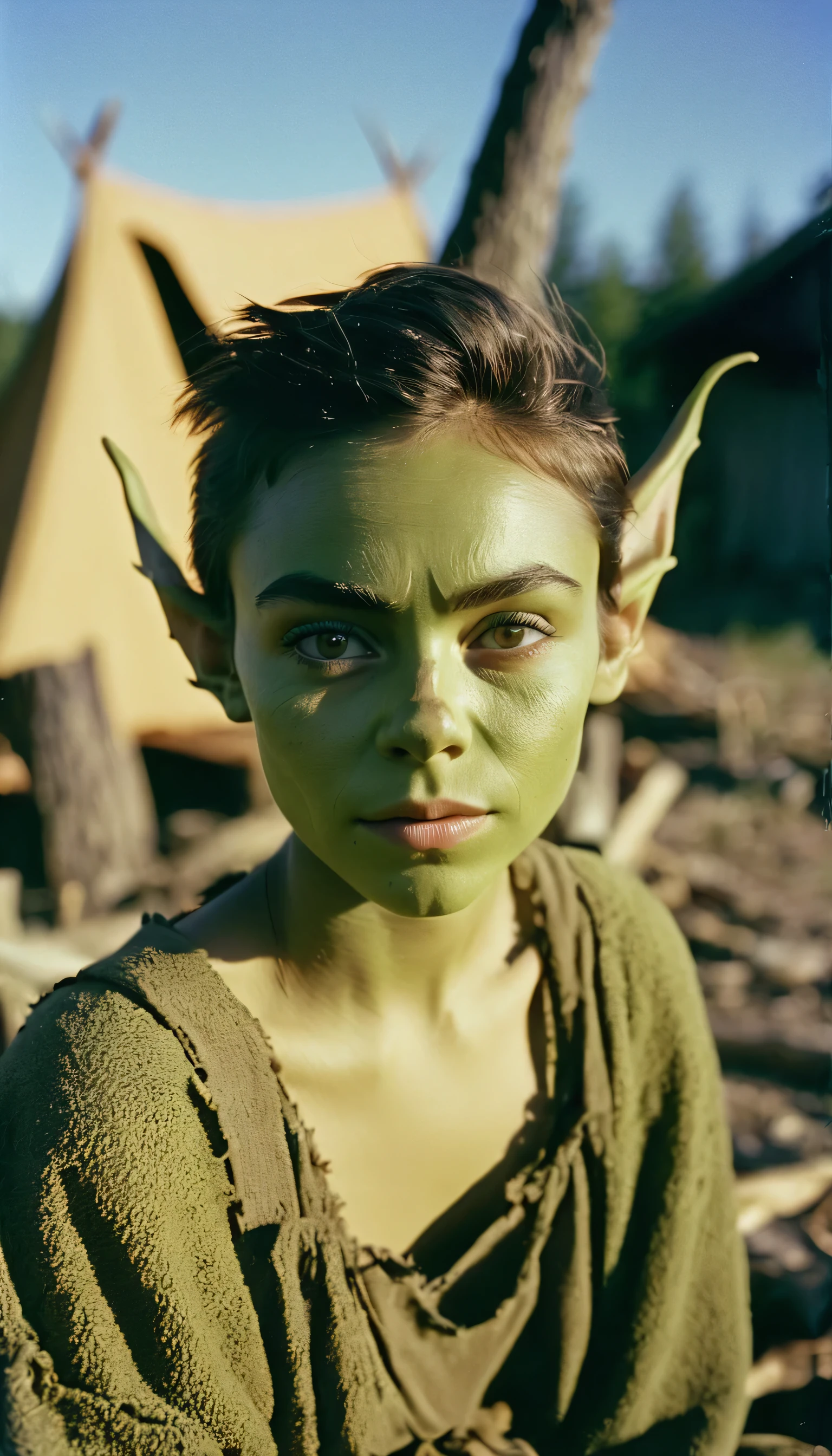 analog film photo, photo of young goblin, female, 16 years-old, olive green skintone, diminutive build, pointy ears, upturned nose, slitted irises, pretty, natural beauty, (torn ripped top:1.1), goblin war camp, bonfire in the background, RAW Photograph, dslr, soft lighting, high quality, film grain, Fujifilm XT3, detailed skin with visible pores, insane details, masterpiece, 8k, 35mm photograph, dslr, kodachrome, faded film, desaturated, 35mm photo, grainy, vintage, Kodachrome, Lomography, stained, highly detailed, found footage, close-up shot