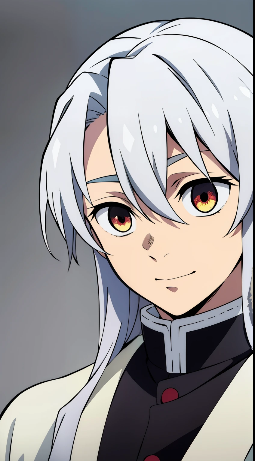 (high-quality, breathtaking),(expressive eyes, perfect face) 1boy, male, solo, , teenagcolor hair, yellow eye color, spiky fluffy hair, hair between eyes, side swept bangs, long hair length, cute smile, masculine face, Symmetrical Eyes, portrait, headshot, positive expression, Kimetsu no Yaiba Art style, demon slayer uniform, black long sleeved shirt, white trim, on a grey wall, grey background, narrow eyes