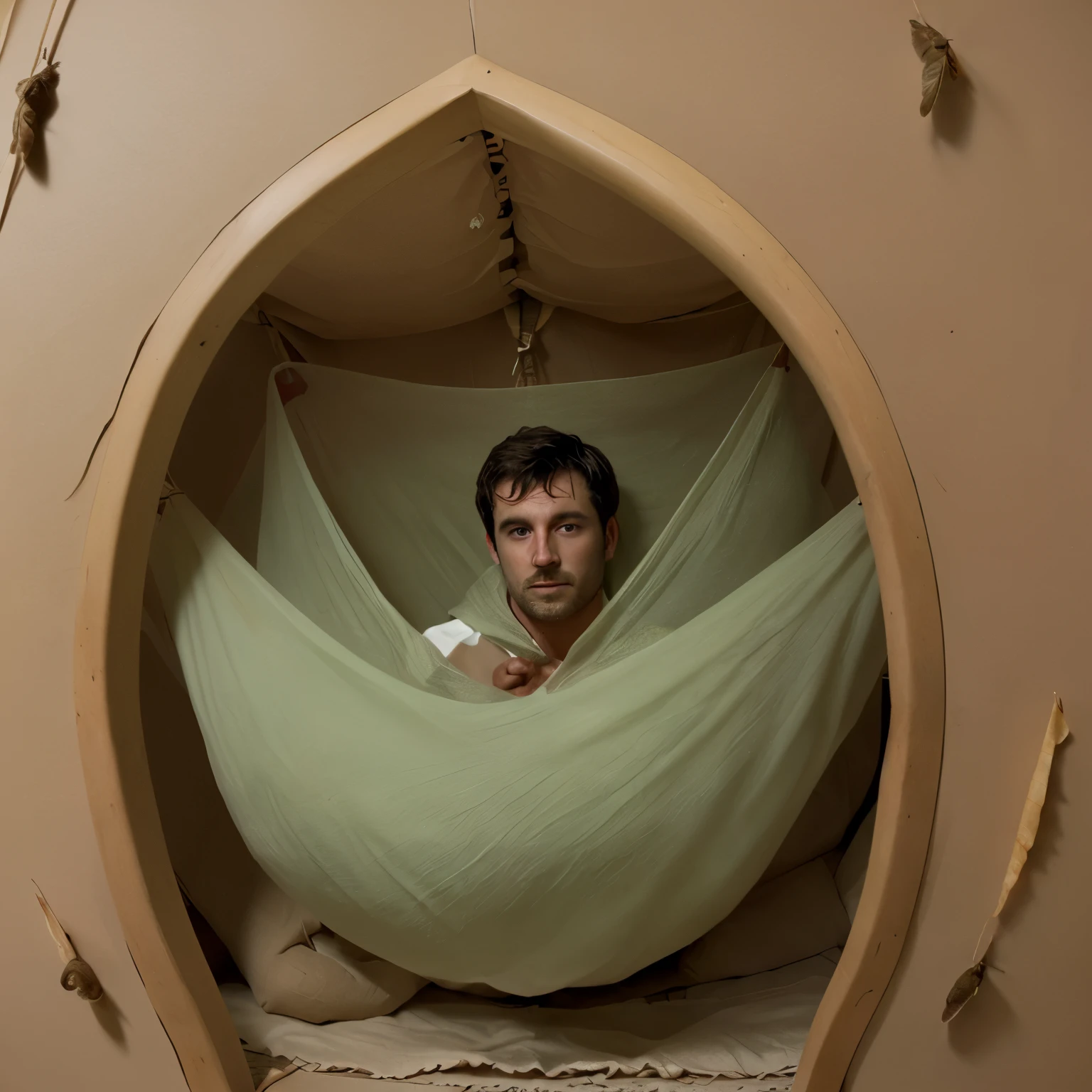 Man, in a cocoon of moth