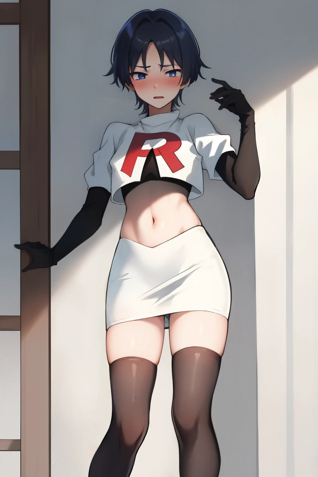 absurdres,masterpiece, trap, best quality, highres, high quality, 1boy, solo, male focus, hair, crossdressing,1boy,team rocket,team rocket uniform,white skirt,red letter R,crop top,black thigh-highs,black elbow gloves, embarrassed, blush