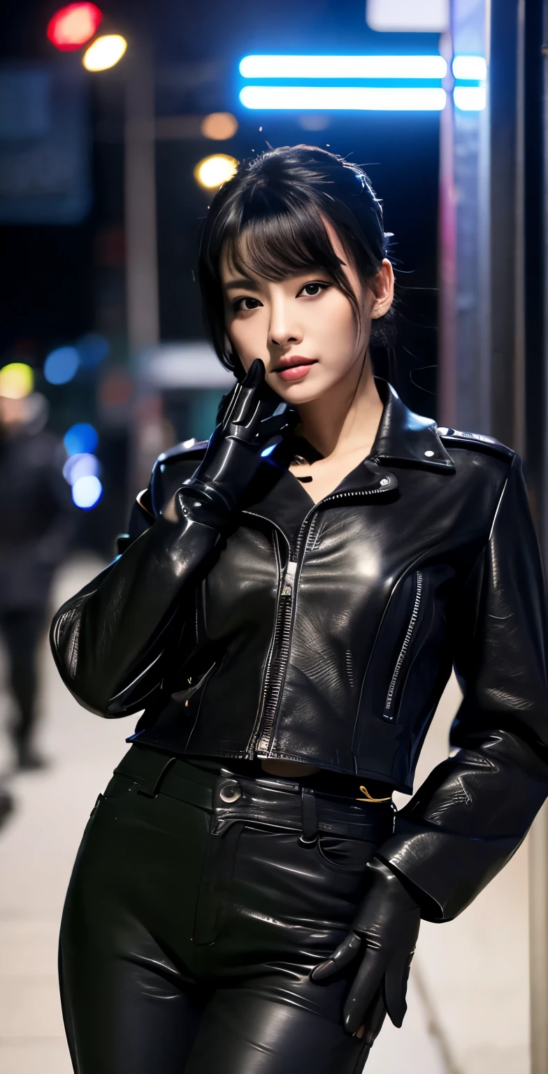 black leather rider jacket, office in the dark, Fingertips of black leather gloves on both hands,wearing black leather gloves,sitting in a black leather chair、 Japanese female new employee (black leather gloves cover both hands) (The angle is horizontal)、black leather leather pants,black leather black leather pants,black leather skinny pants、Long black leather boots on both feet、black hair ponytail ((He wears black leather gloves on his hands))full body photo,full body shot full body full body leather suit,☺If you turn in this direction。wearing black leather gloves,wearing black leather gloves,wearing black leather gloves,wearing black leather gloves,wearing black leather gloves,wearing black leather gloves,黒のレザーパンツが美しい😍黒のレザーパンツが美しい😍黒のレザーパンツが美しい,😍I&#39;m smiling while looking at you,city lights、((neon cyberpunk city street:1.3))、(neon light)、detailed lighting、

best image quality、ultra high resolution、(realism:1.4)、korean beauty star、The most beautiful KPOP stars、face、horny korean makeup、A body that makes you want to touch it、realistic leather texture、Costume made of smooth leather fabric、The drape of the curved parts of the leather fabric、The costume has a strong shine、costume quality、8K photo quality