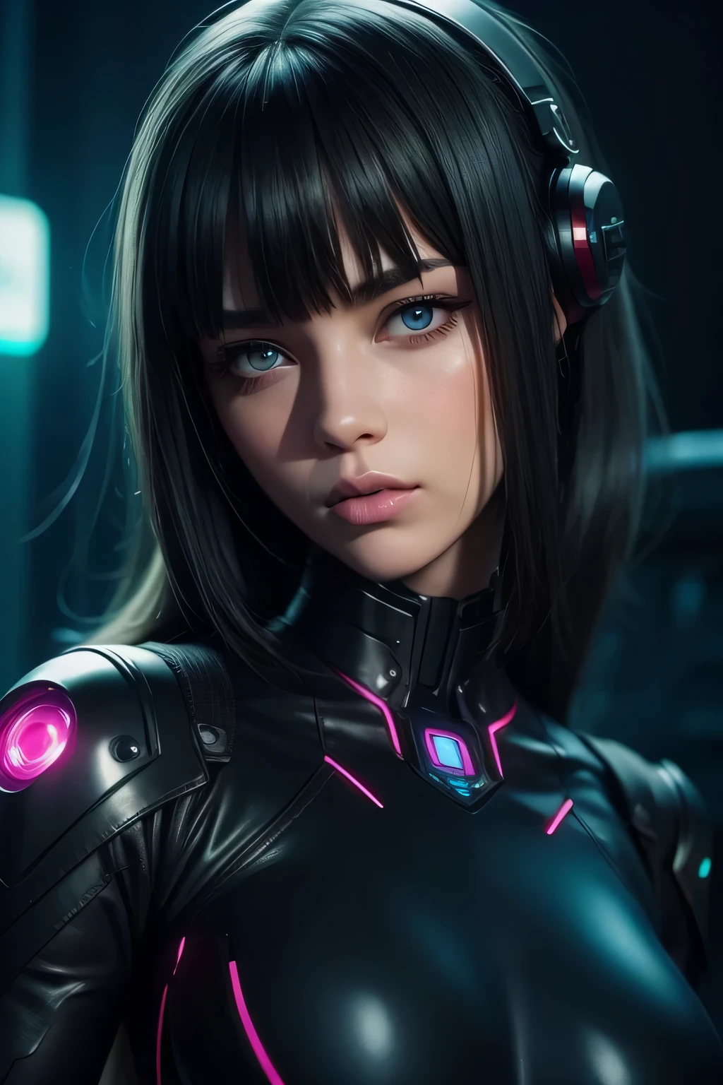 girl realistic and intricate perfect beauty face, detailed & asymmetric perfect sharp galaxy glowing eyes, detailed face, (((from face to the waist))), (((beauty shape))), ((in realistic neon-lit sci-fi black plugsuit metal mech parts and robotic tentacles with neon-lit lights)), masterpiece, 4k, UHD