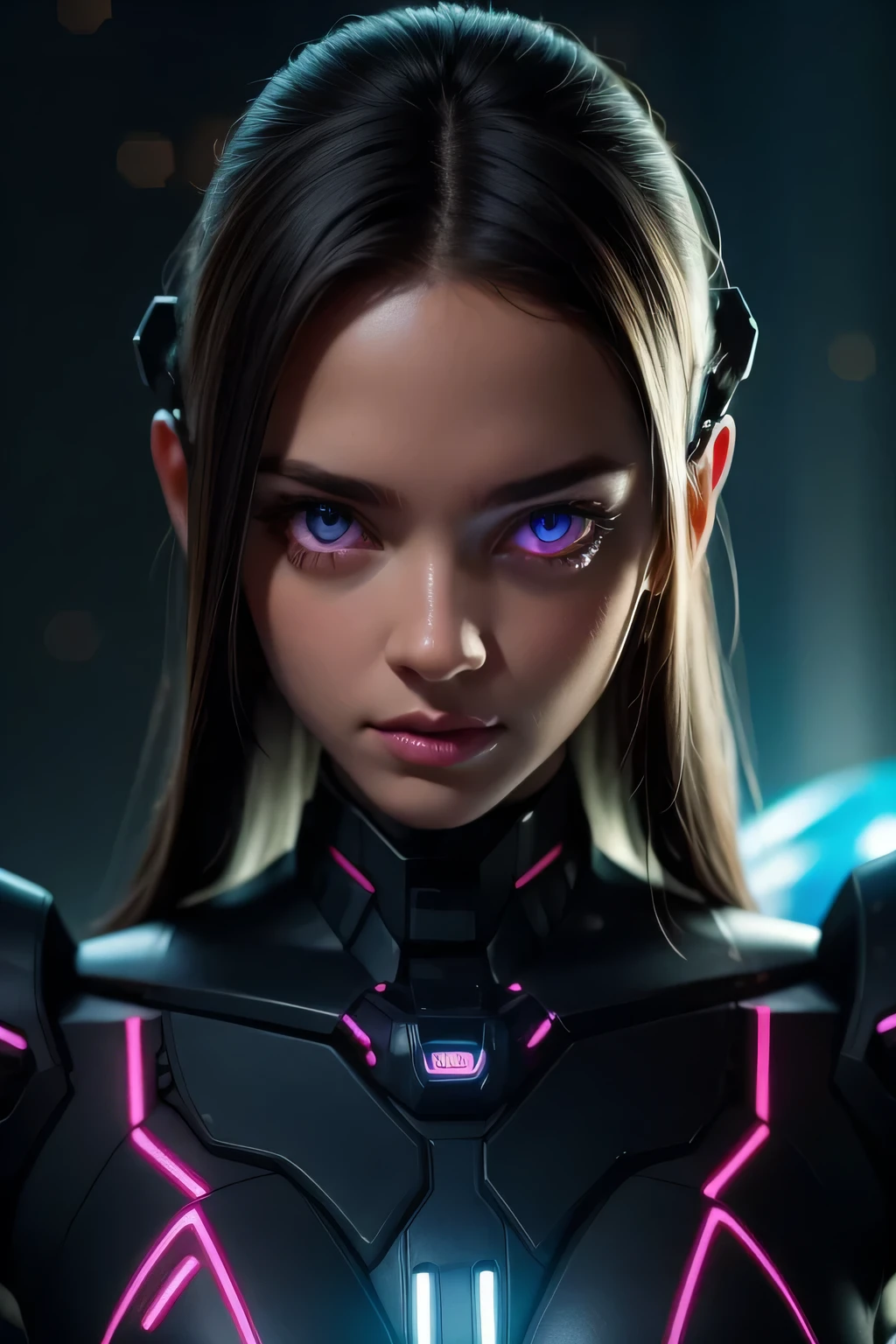 girl realistic and intricate perfect beauty face, detailed & asymmetric perfect sharp galaxy glowing eyes, detailed face, (((from face to the waist))), (((beauty shape))), ((in realistic neon-lit sci-fi black plugsuit metal mech parts and robotic tentacles with neon-lit lights)), masterpiece, 4k, UHD