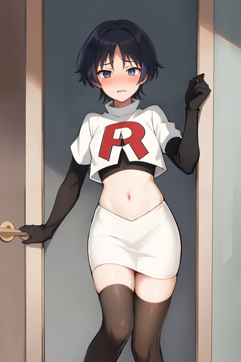 absurdres,masterpiece, trap, best quality, highres, high quality, 1boy, solo, male focus, hair, crossdressing,1boy,team rocket,team rocket uniform,white skirt,red letter R,crop top,black thigh-highs,black elbow gloves, embarrassed, blush