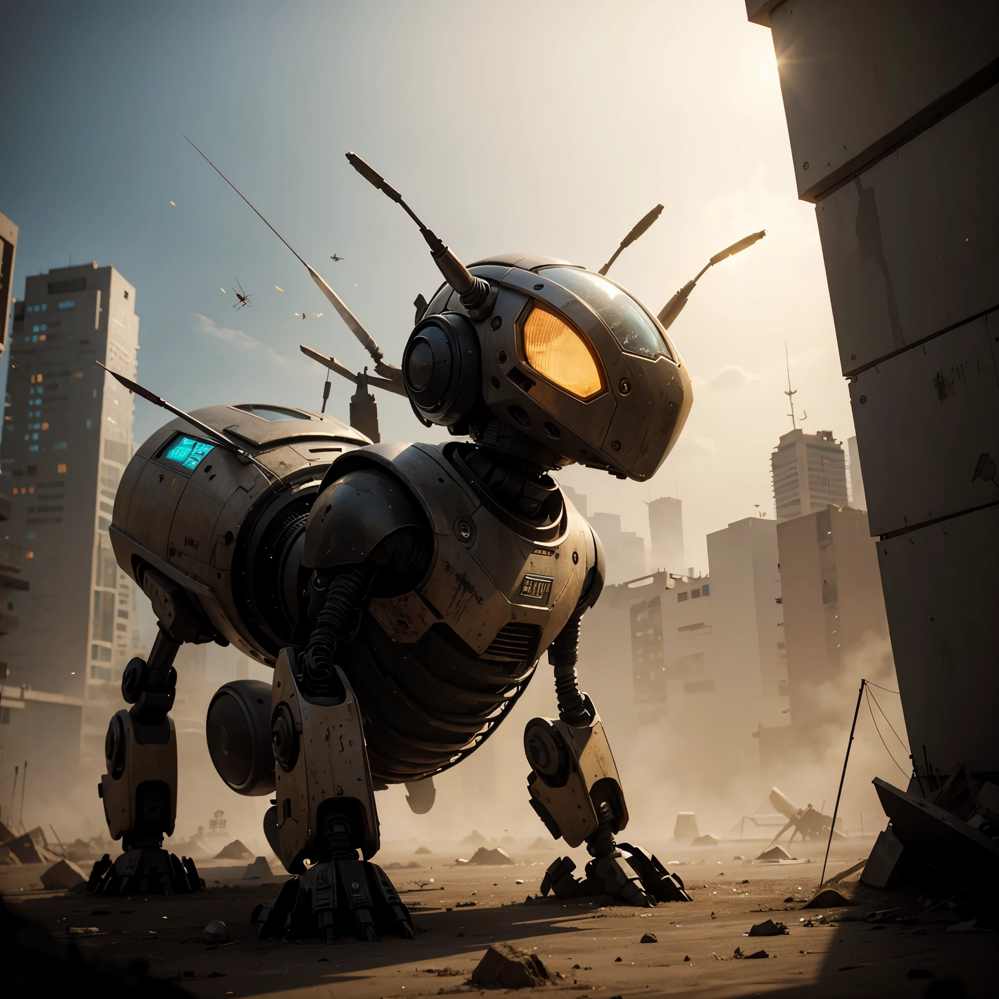 post apocalyptic city with insect robot